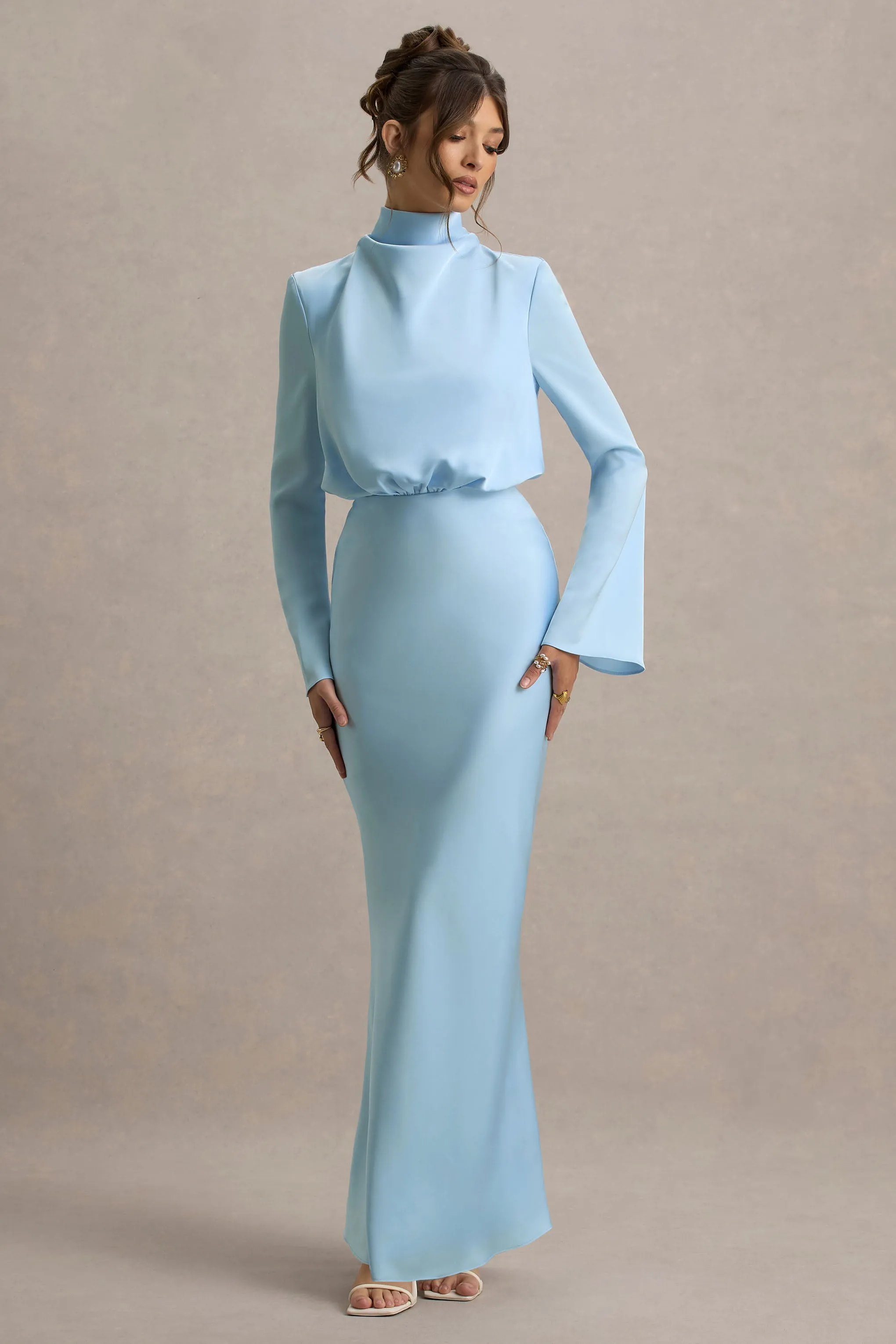 Celina | Powder Blue Satin High-Neck Maxi Dress sold by Club L London