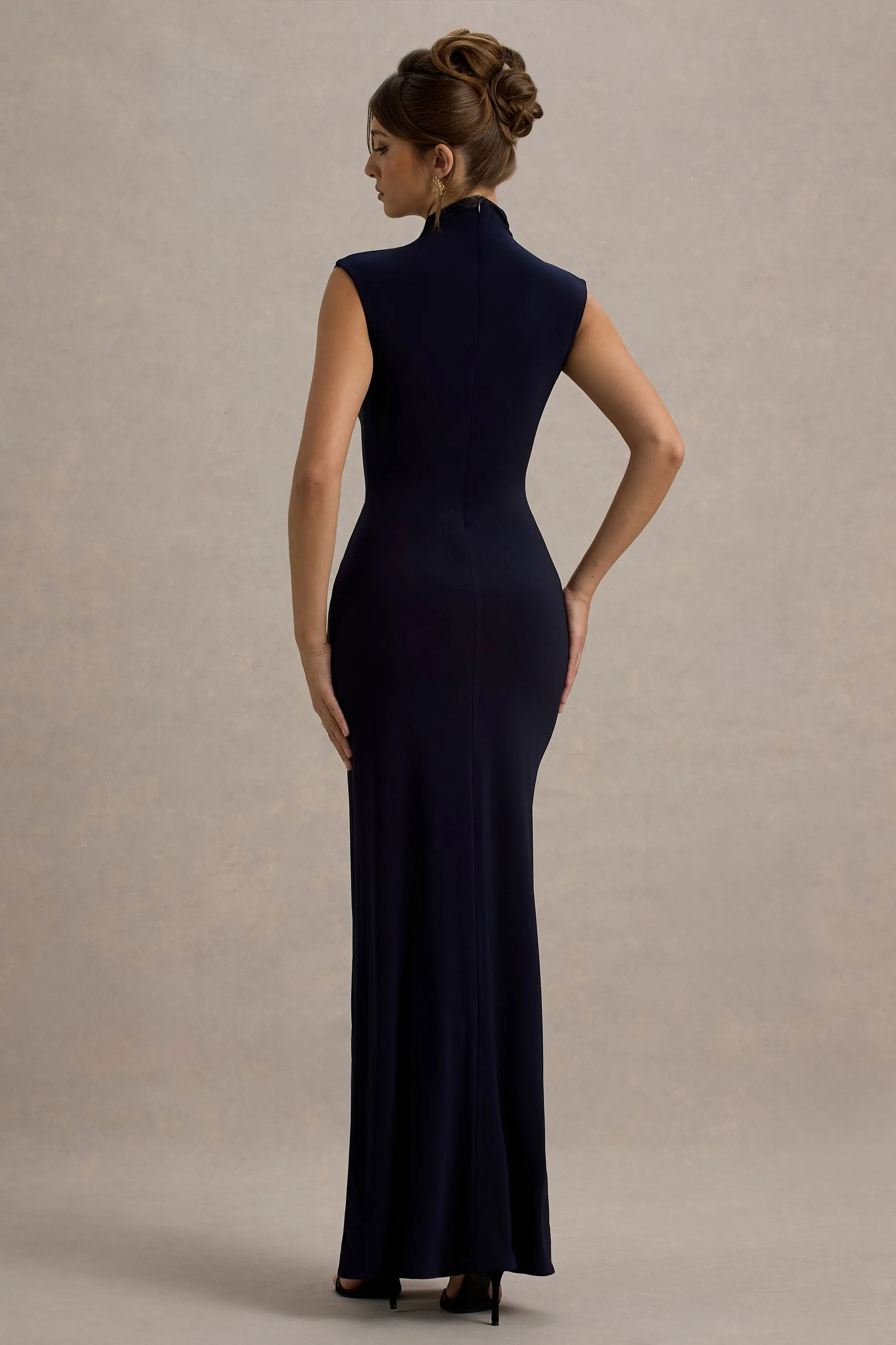 Lanetta | Navy Ruched High-Neck Maxi Dress With Split sold by Club L London product image thumbnail 2