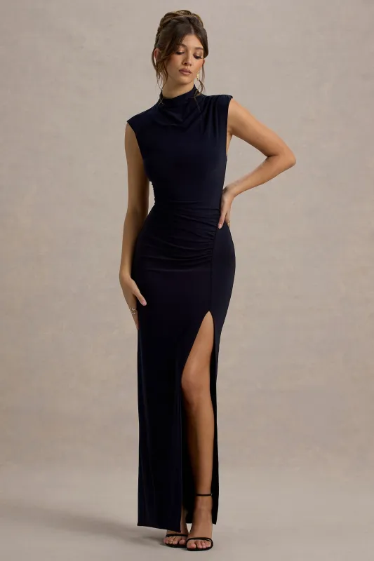 Lanetta | Navy Ruched High-Neck Maxi Dress With Split sold by Club L London