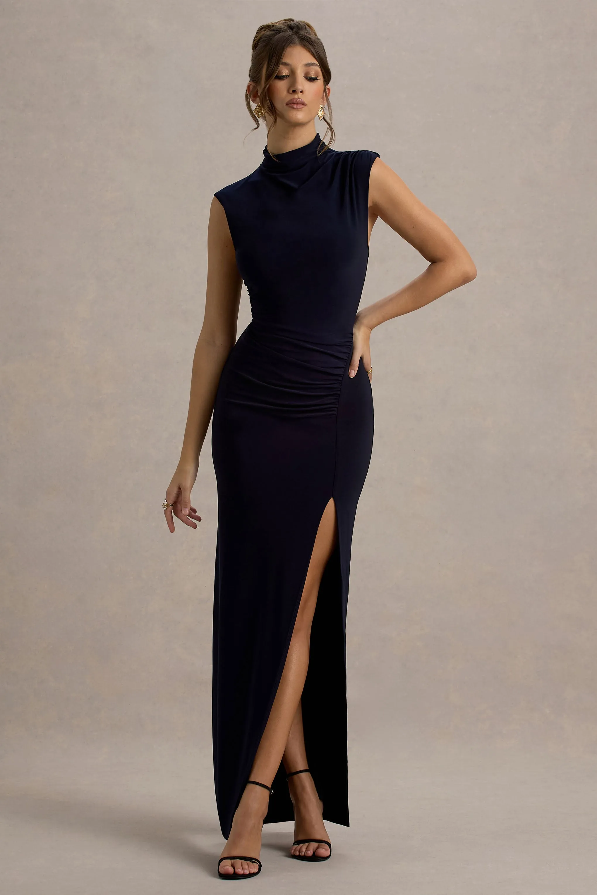 Lanetta | Navy Ruched High-Neck Maxi Dress With Split sold by Club L London product image thumbnail 5