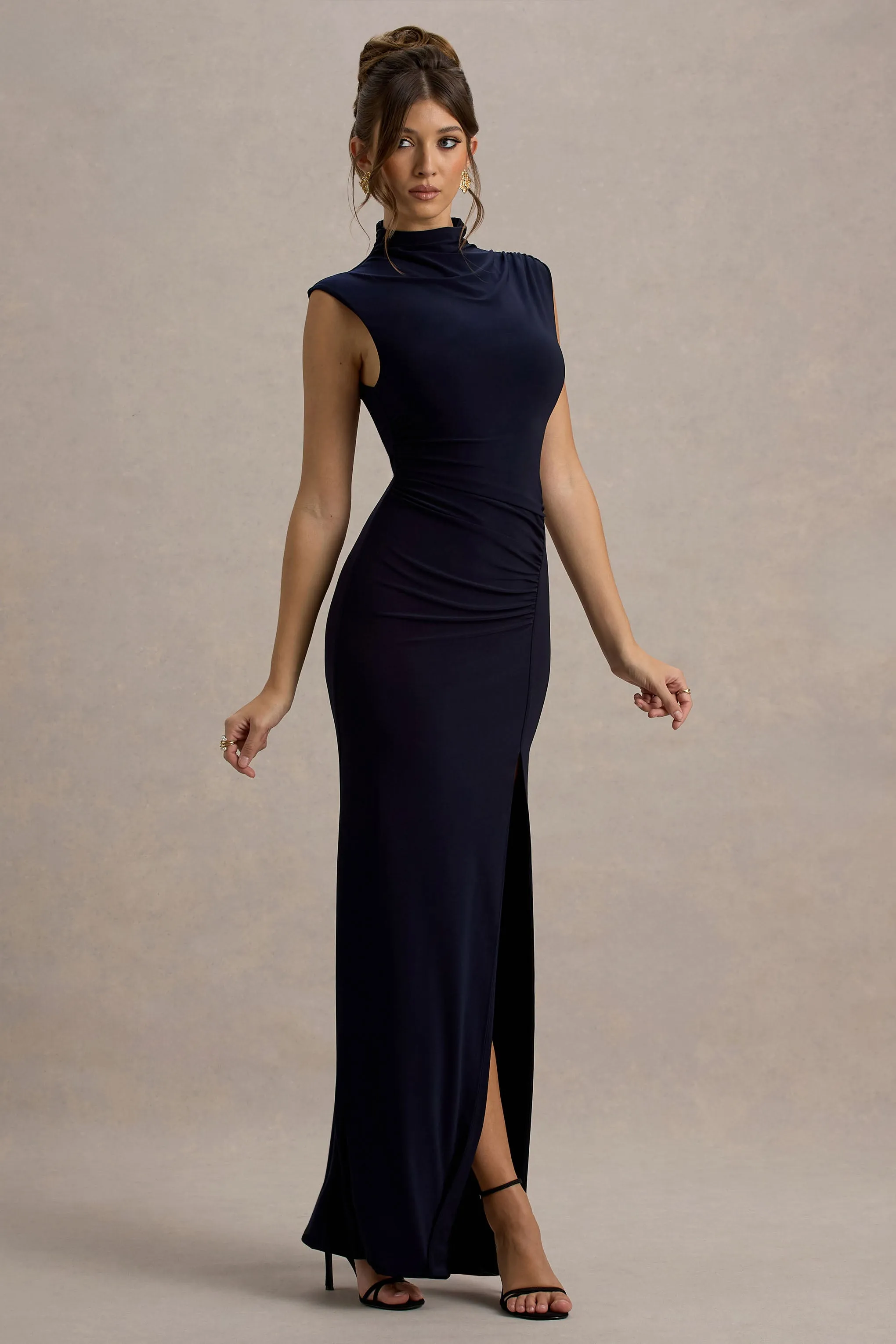 Lanetta | Navy Ruched High-Neck Maxi Dress With Split sold by Club L London product image thumbnail 4