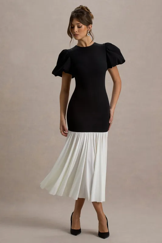 Cinzia | Black & White Puff-Sleeve Volume-Hem Midi Dress sold by Club L London