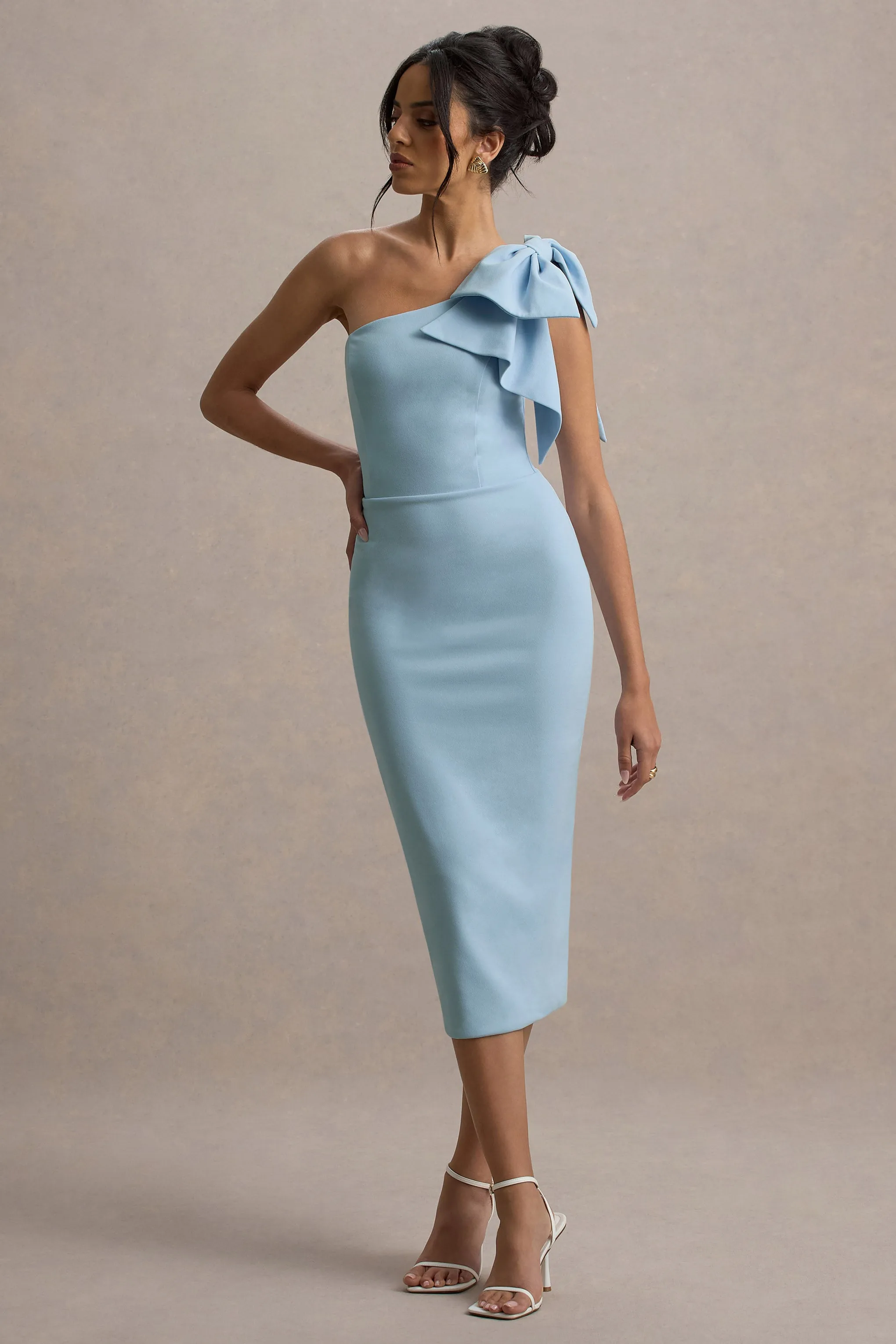 Ambretta | Powder Blue One-Shoulder Midi Dress With Bow sold by Club L London product image thumbnail 4