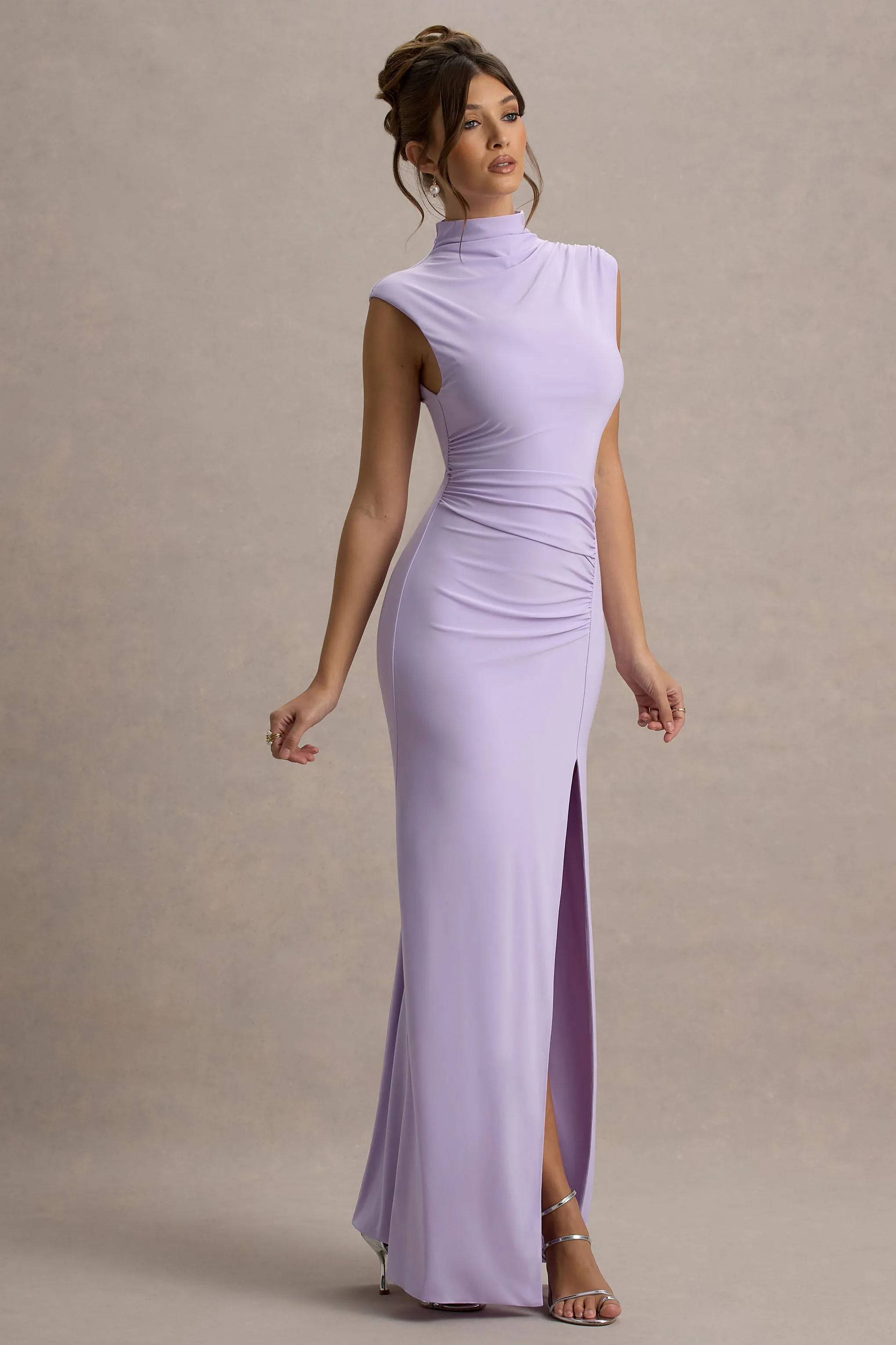 Lanetta | Lilac Ruched High-Neck Maxi Dress With Split sold by Club L London product image thumbnail 5