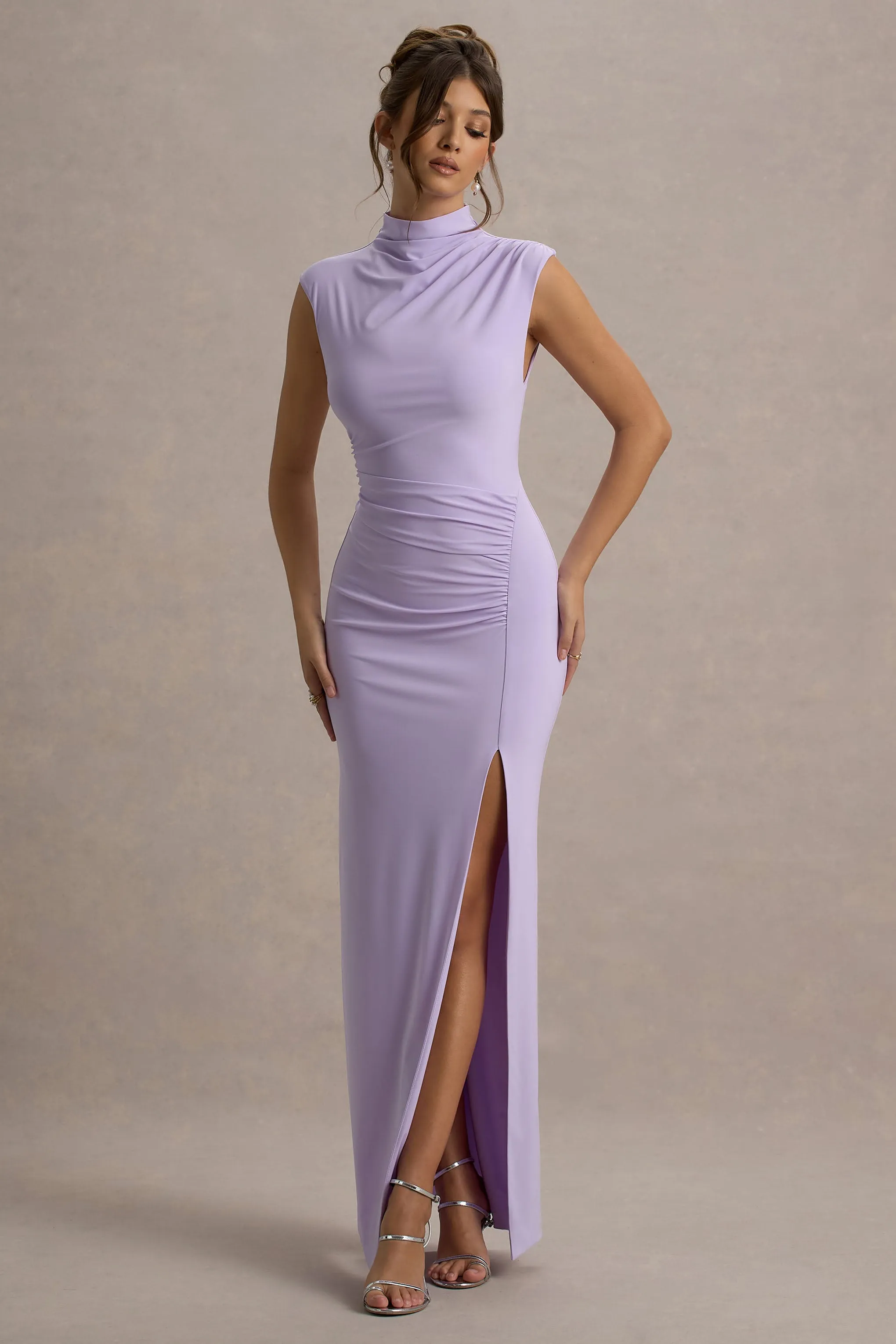 Lanetta | Lilac Ruched High-Neck Maxi Dress With Split sold by Club L London product image thumbnail 4