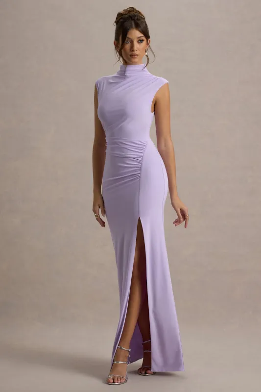 Lanetta | Lilac Ruched High-Neck Maxi Dress With Split made by Club L London
