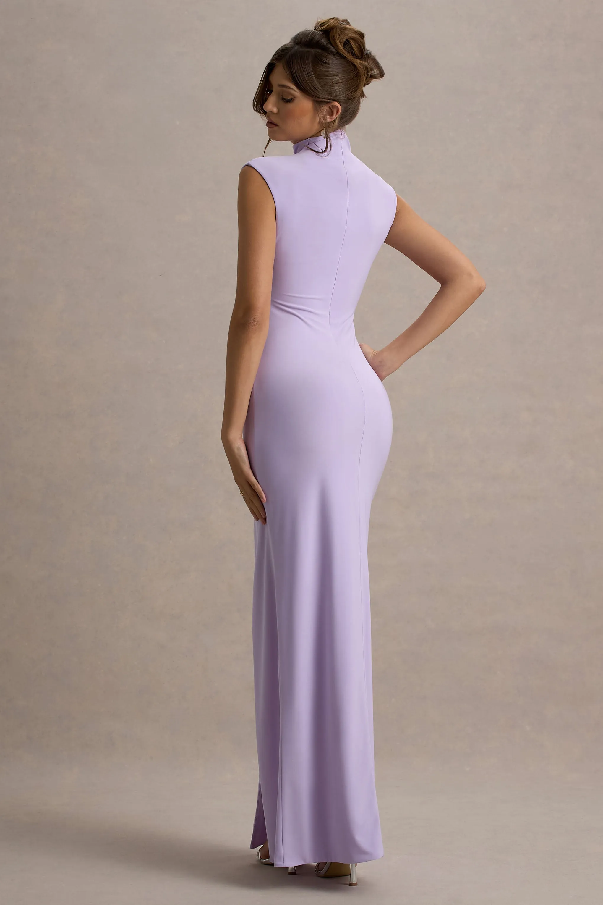Lanetta | Lilac Ruched High-Neck Maxi Dress With Split sold by Club L London product image thumbnail 2