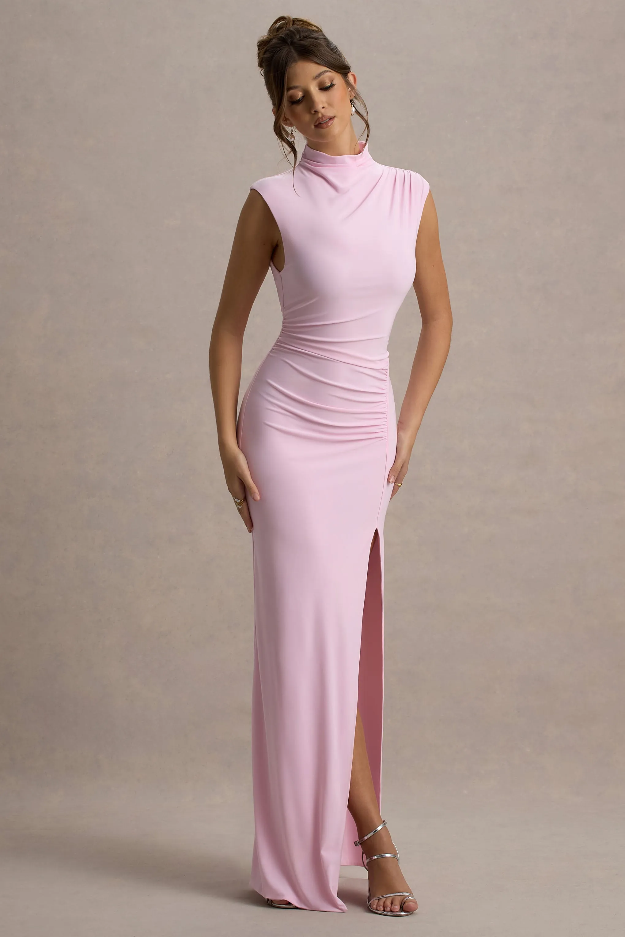Lanetta | Pink Ruched High-Neck Maxi Dress With Split sold by Club L London product image thumbnail 5
