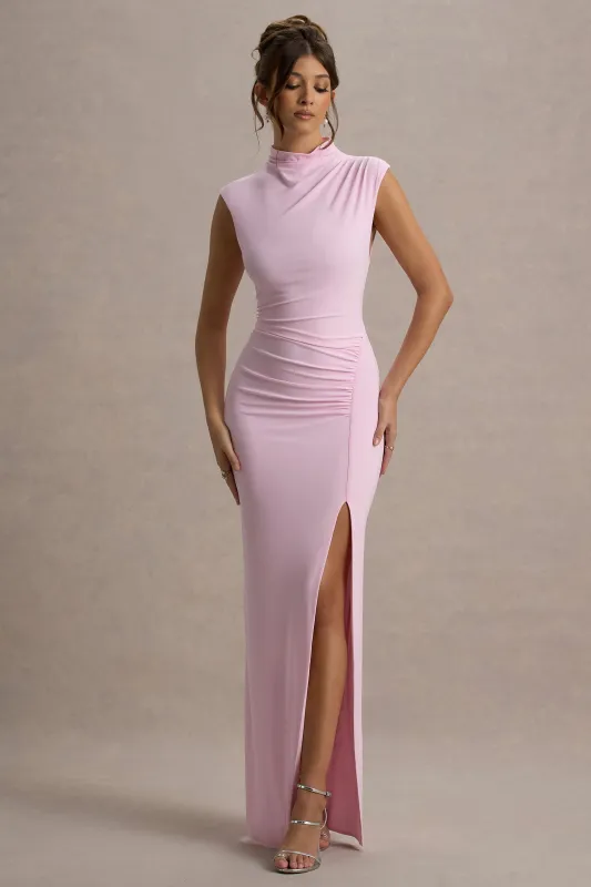 Lanetta | Pink Ruched High-Neck Maxi Dress With Split sold by Club L London
