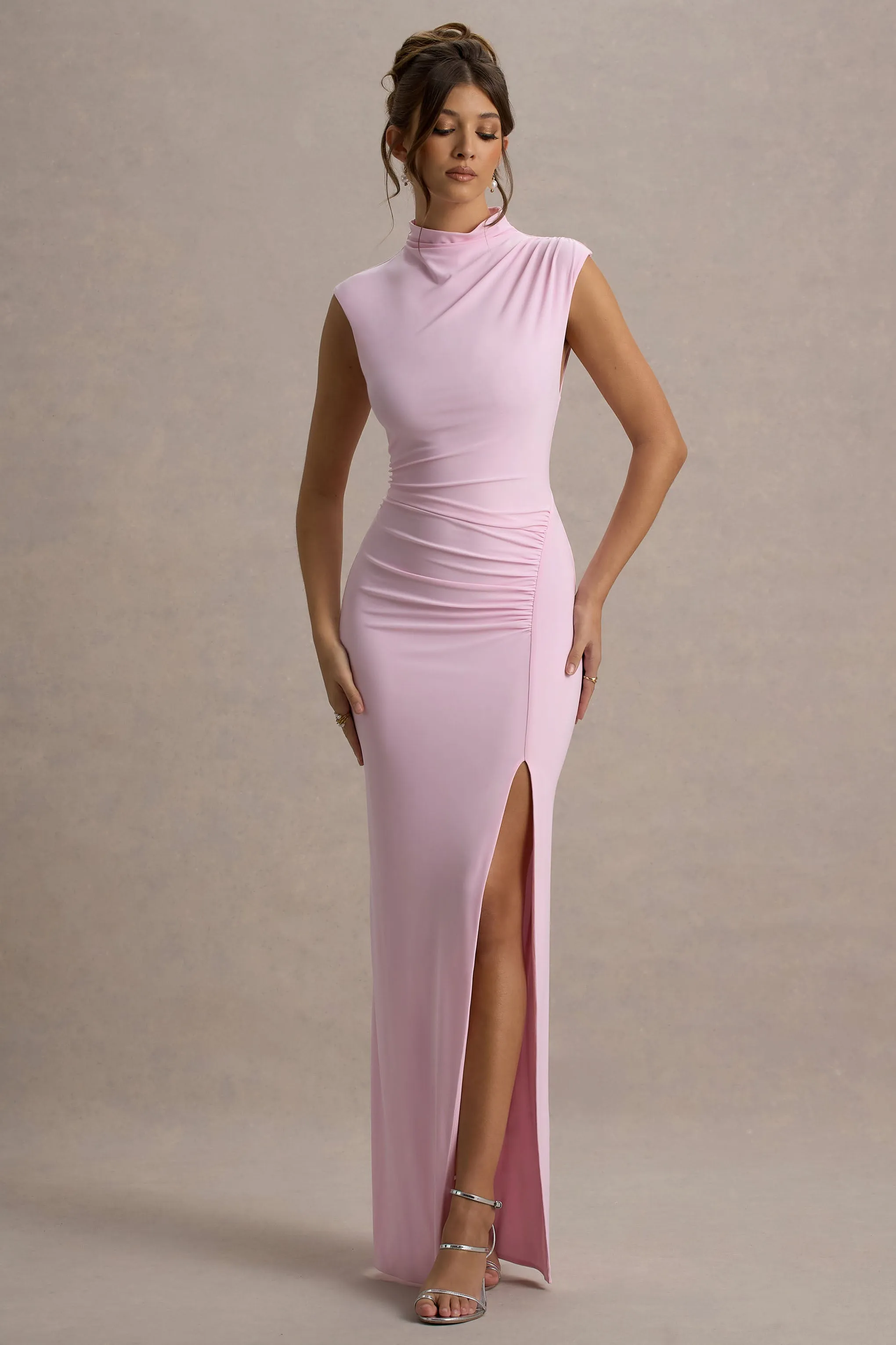 Lanetta | Pink Ruched High-Neck Maxi Dress With Split sold by Club L London