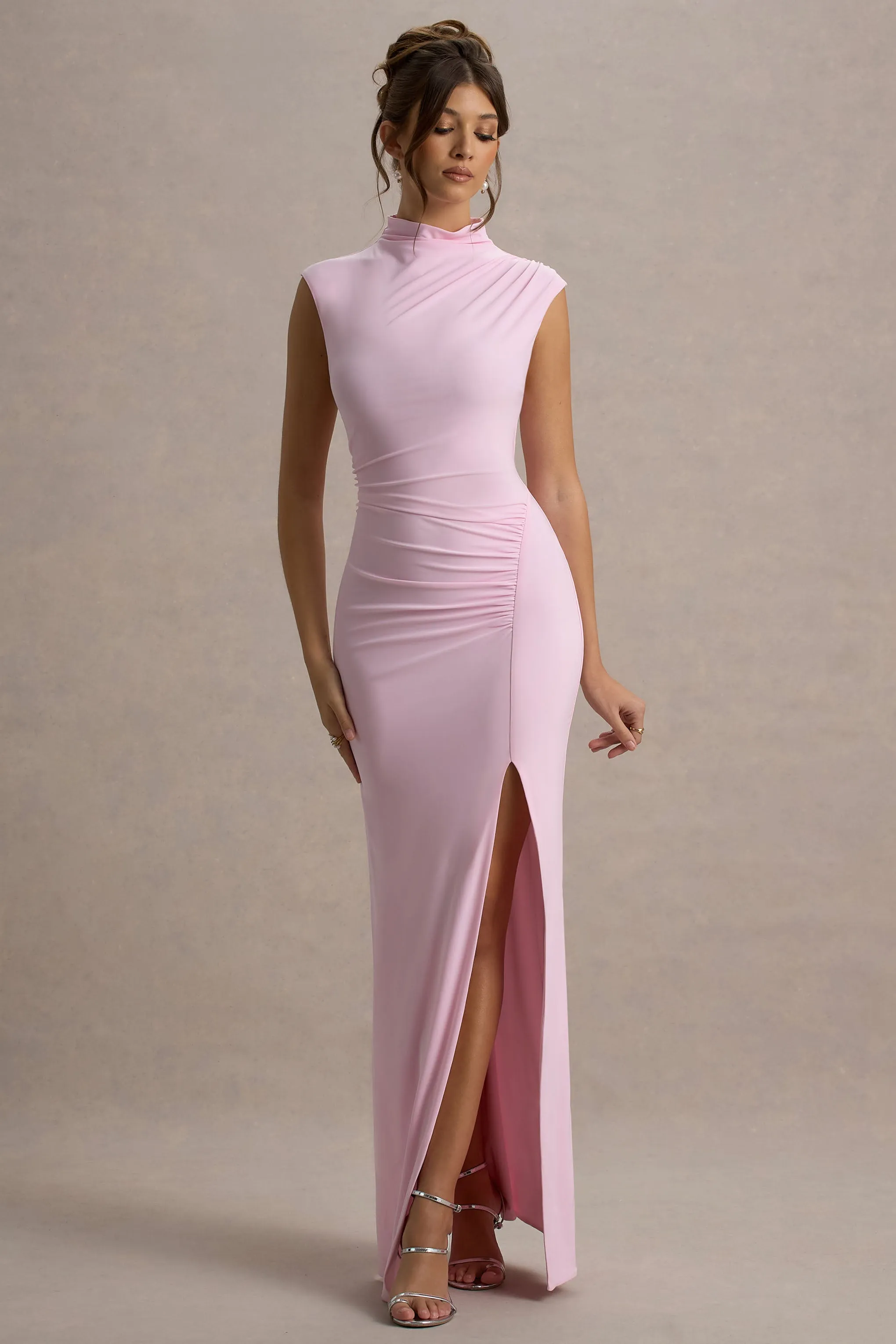Lanetta | Pink Ruched High-Neck Maxi Dress With Split sold by Club L London product image thumbnail 4