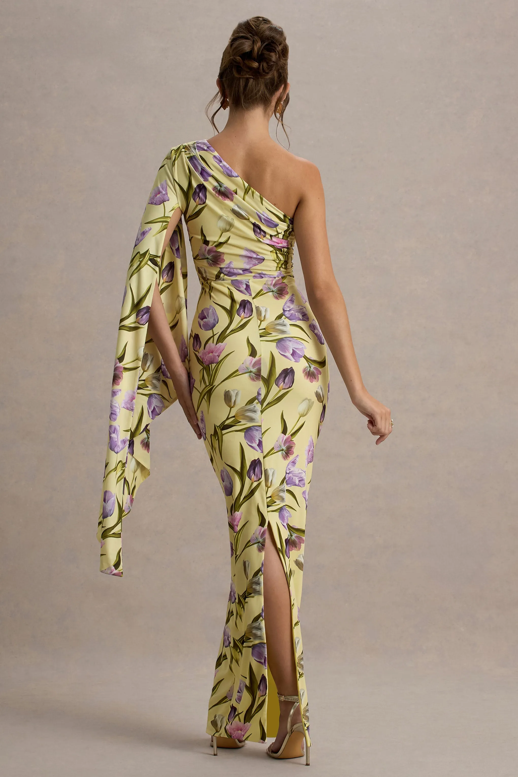 Clementina | Tulip Floral Print Asymmetric Cape Sleeve Maxi Dress sold by Club L London product image thumbnail 2