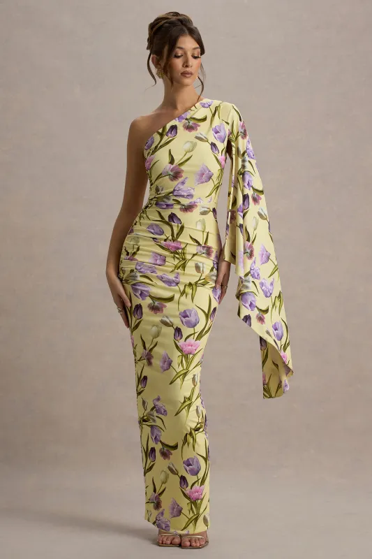 Clementina | Tulip Floral Print Asymmetric Cape Sleeve Maxi Dress sold by Club L London