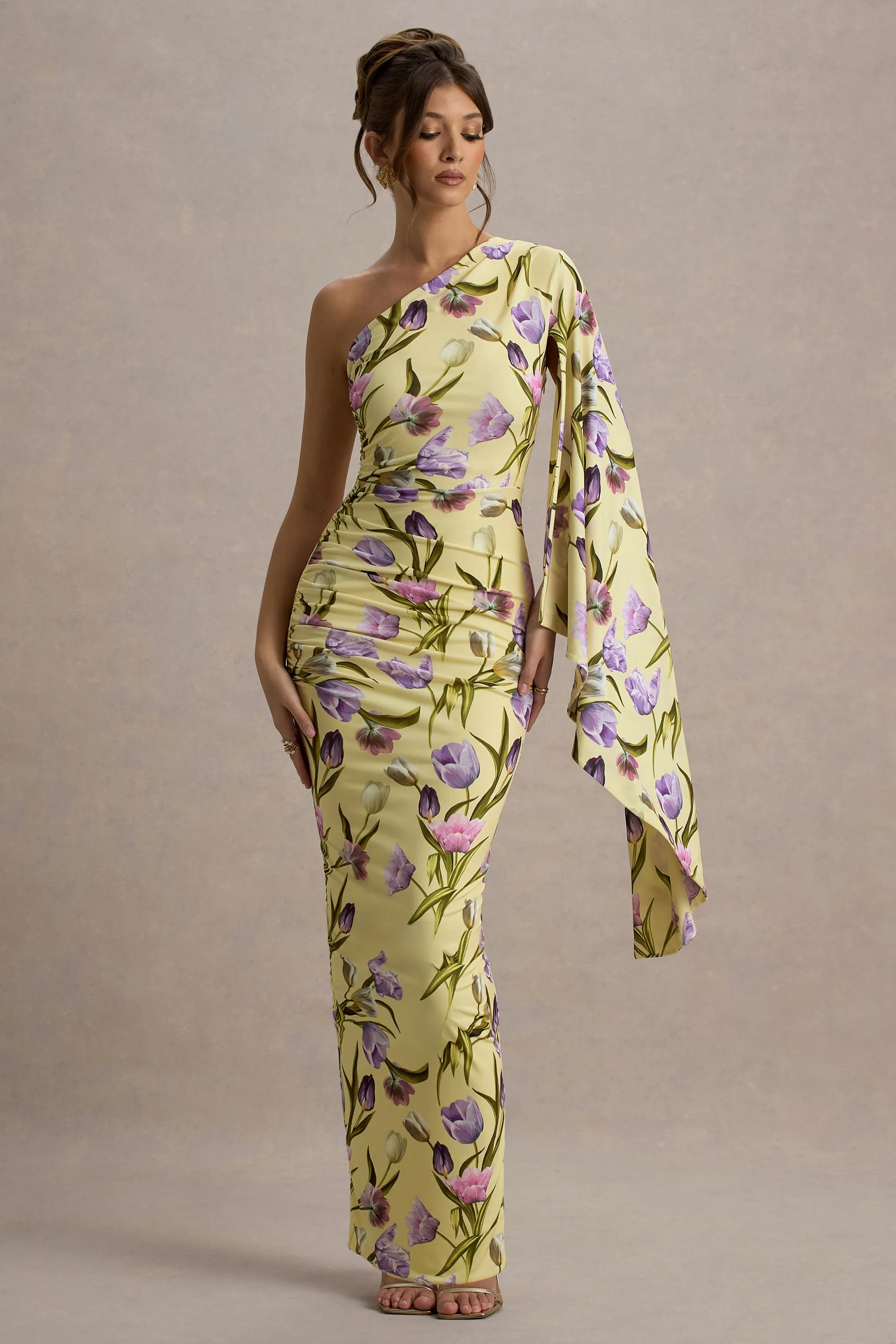 Clementina | Tulip Floral Print Asymmetric Cape Sleeve Maxi Dress sold by Club L London