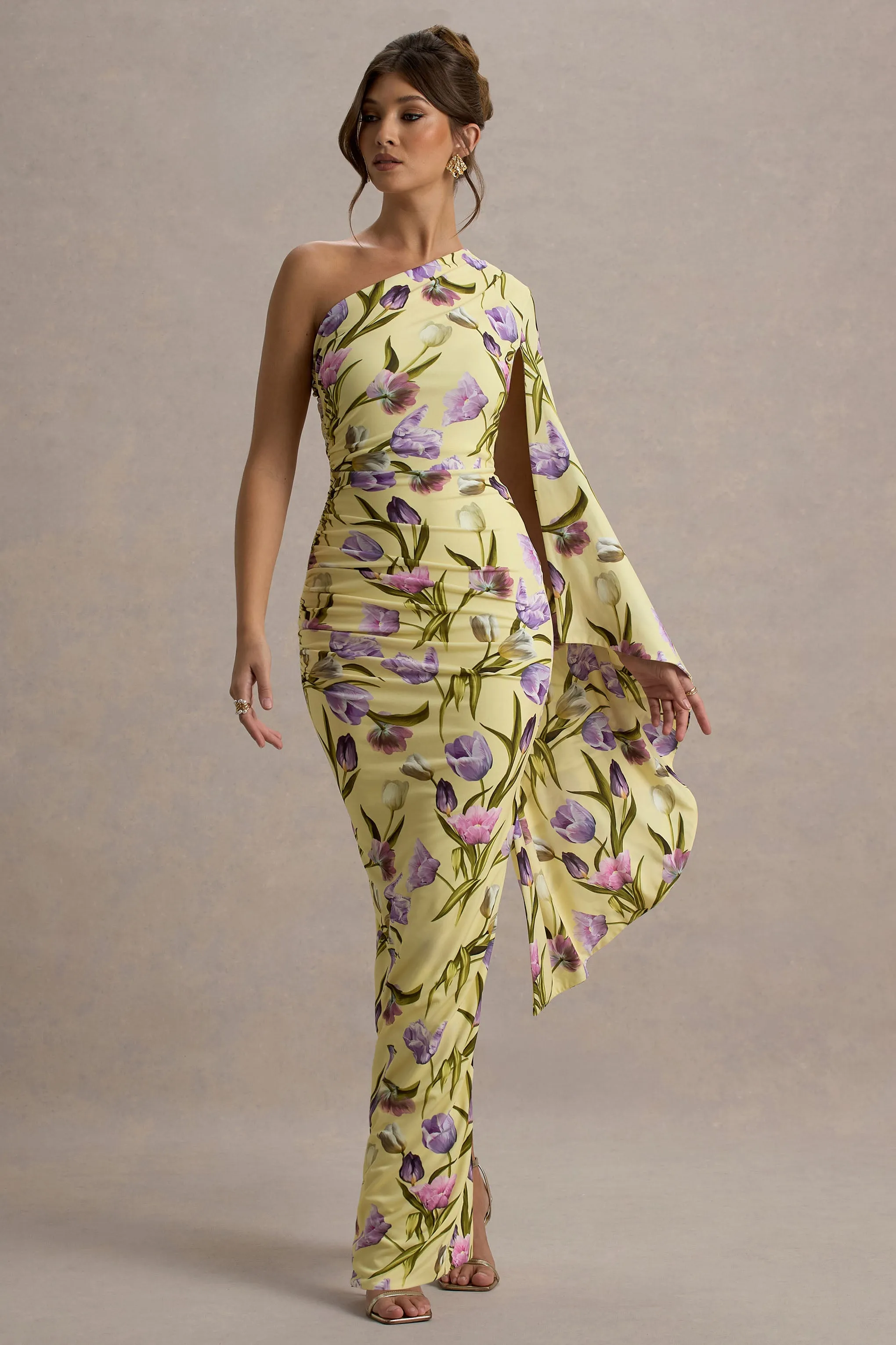 Clementina | Tulip Floral Print Asymmetric Cape Sleeve Maxi Dress sold by Club L London product image thumbnail 5