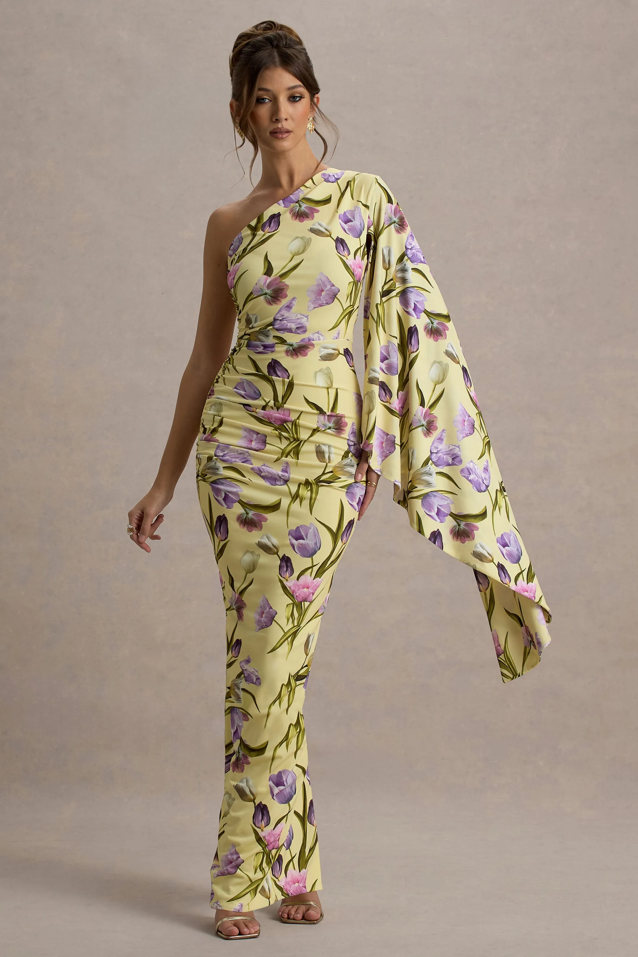 Clementina | Tulip Floral Print Asymmetric Cape Sleeve Maxi Dress sold by Club L London product image thumbnail 4