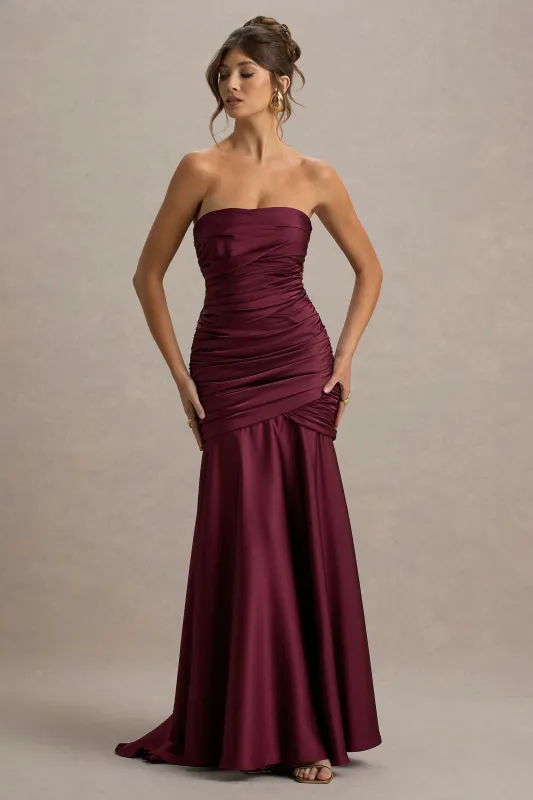 Cassidy | Burgundy Satin Bandeau Gathered Maxi Dress made by Club L London