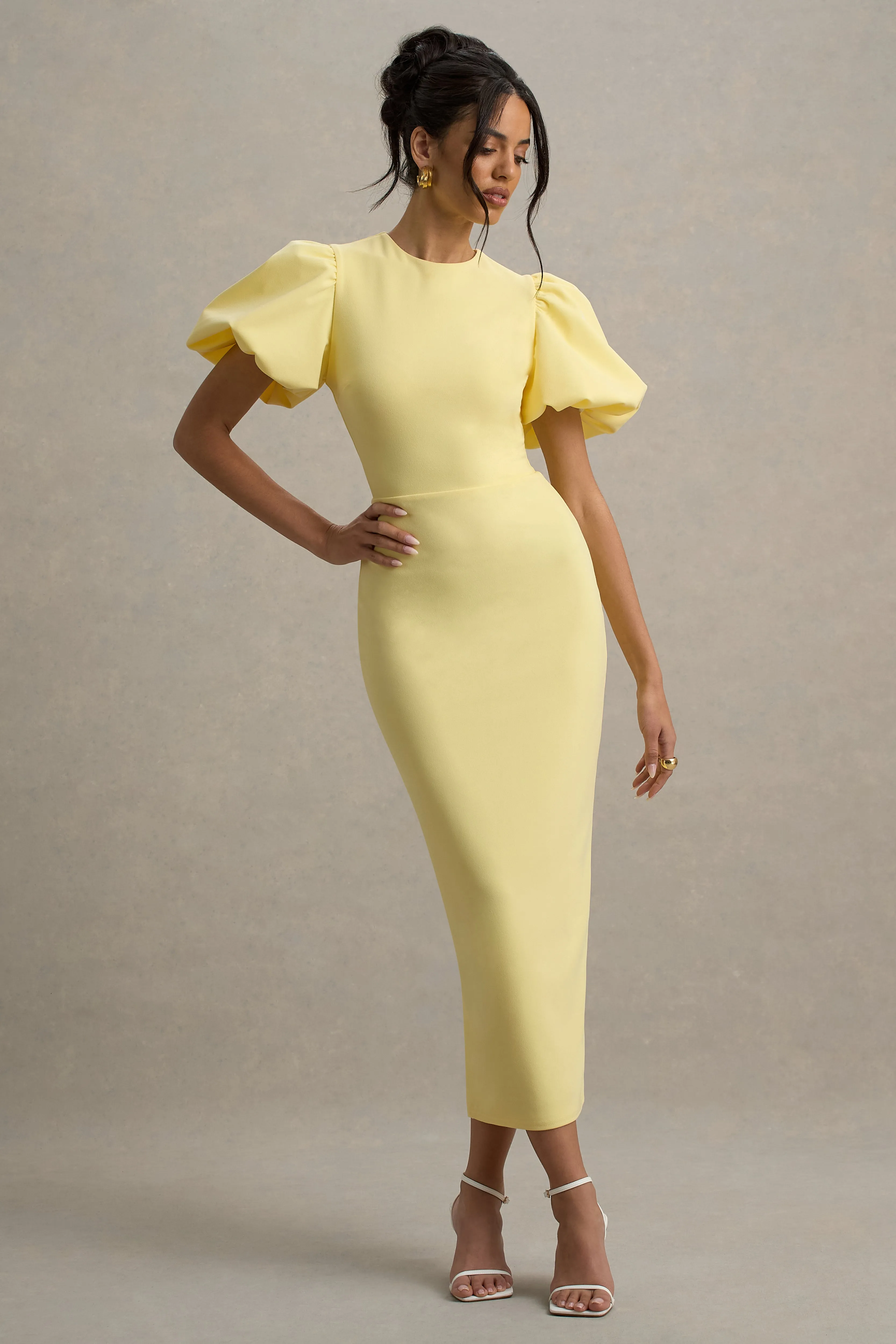 Dakota | Lemon Blue Puff-Sleeve Midi Dress sold by Club L London