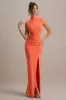 Lanetta | Coral Ruched High-Neck Maxi Dress With Split sold by Club L London