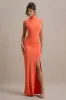 Lanetta | Coral Ruched High-Neck Maxi Dress With Split sold by Club L London