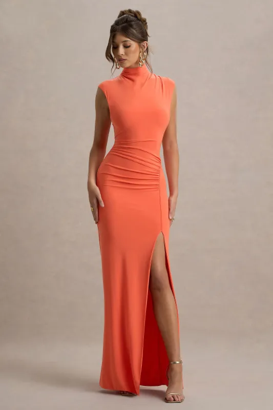 Lanetta | Coral Ruched High-Neck Maxi Dress With Split sold by Club L London