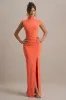 Lanetta | Coral Ruched High-Neck Maxi Dress With Split sold by Club L London
