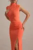 Lanetta | Coral Ruched High-Neck Maxi Dress With Split sold by Club L London