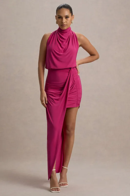 Amphitrite | Hot Pink High-Neck Ruched Mini Dress With Wrap Skirt sold by Club L London
