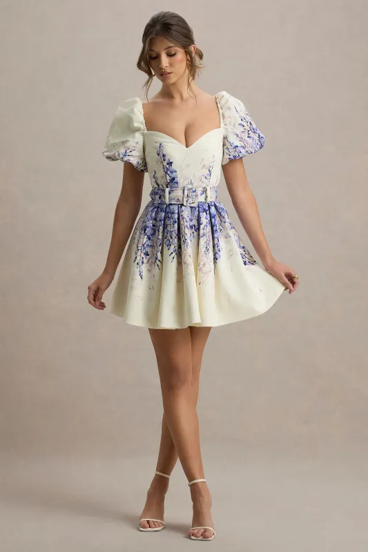 Tapia | Purple Floral Print Linen Belted Mini Dress sold by Club L London