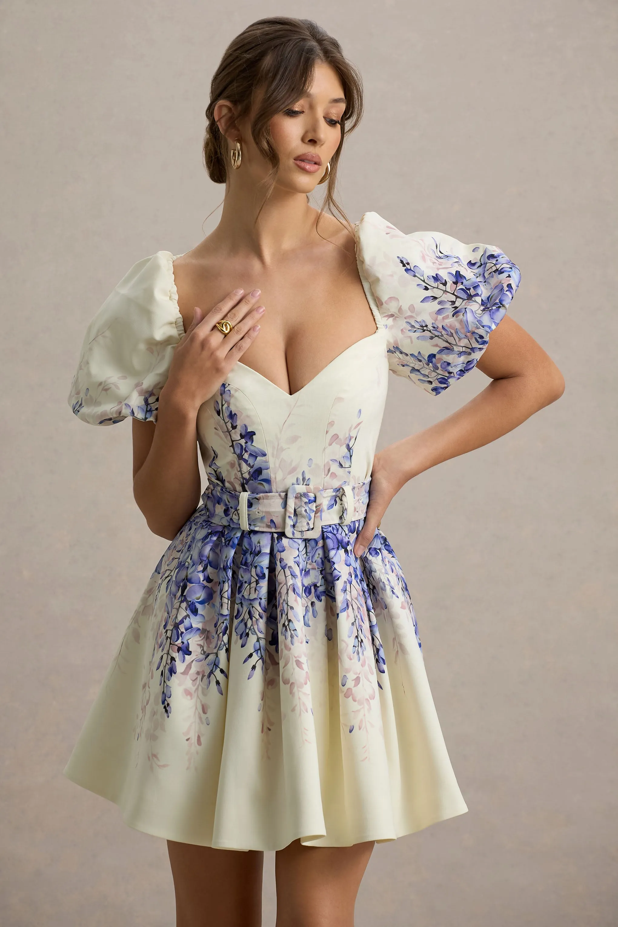 Tapia | Purple Floral Print Linen Belted Mini Dress sold by Club L London product image thumbnail 3