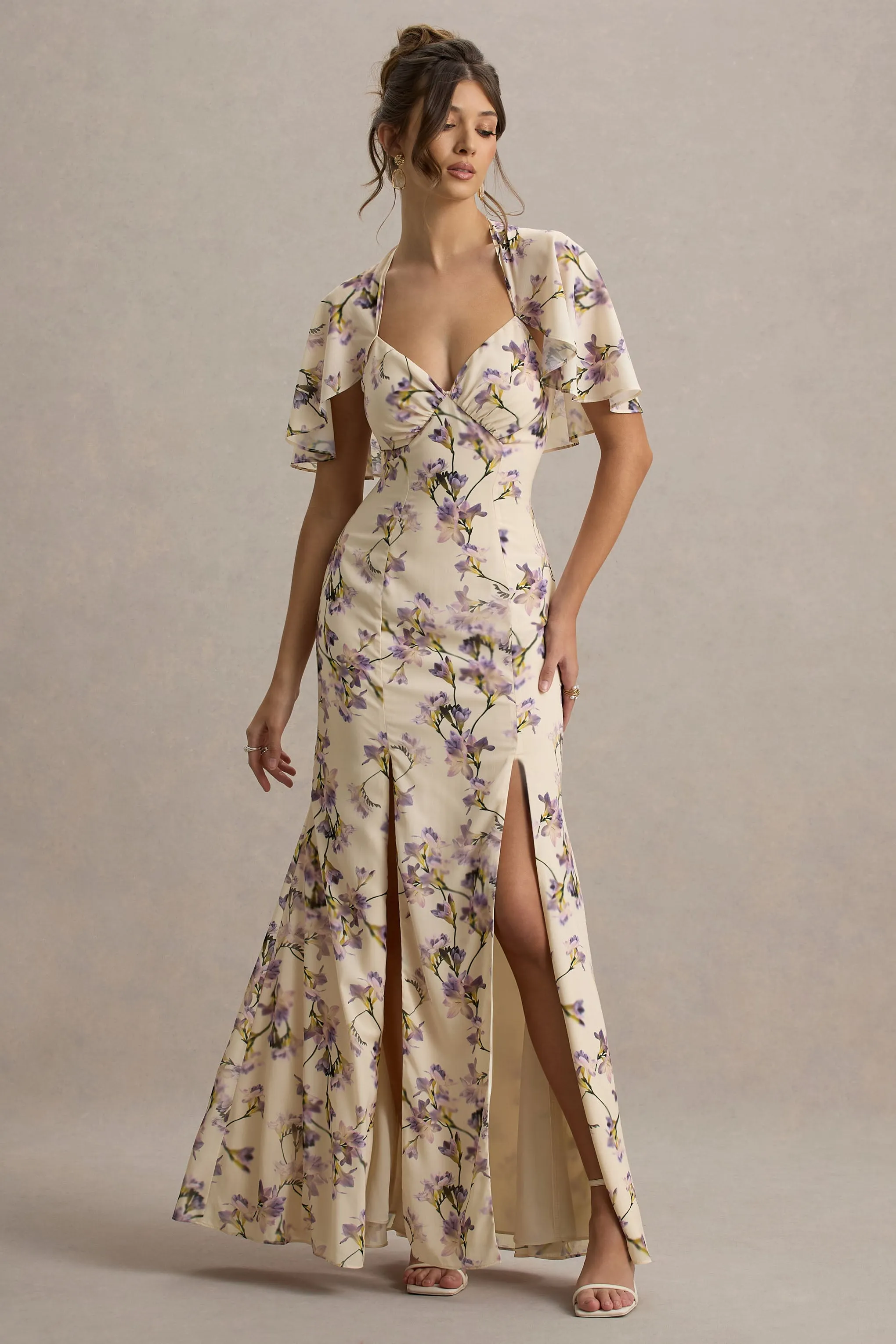 Stila | Lemon Floral Print Plunge-Neck Maxi Dress With High Front Split sold by Club L London