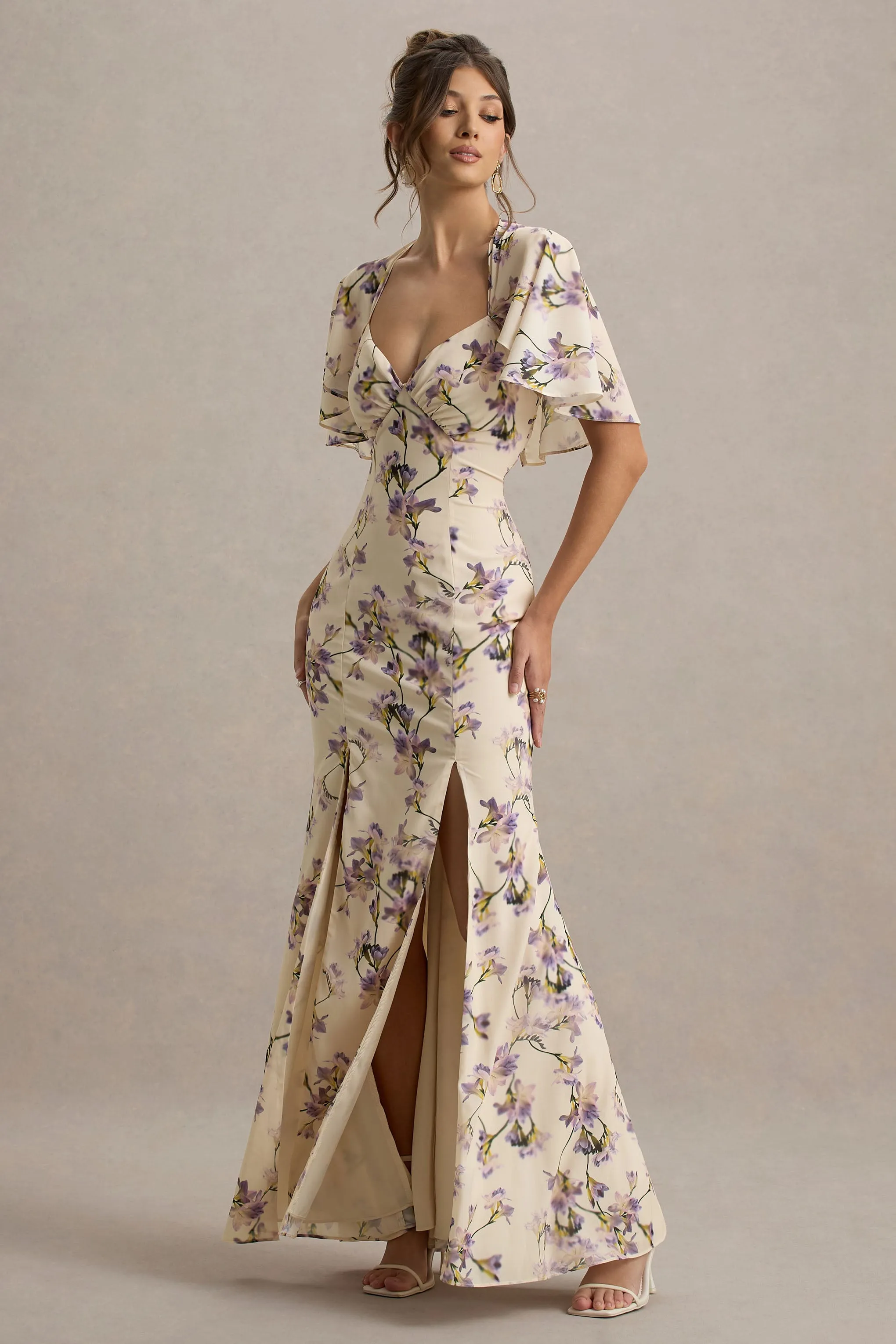 Stila | Lemon Floral Print Plunge-Neck Maxi Dress With High Front Split sold by Club L London product image thumbnail 4