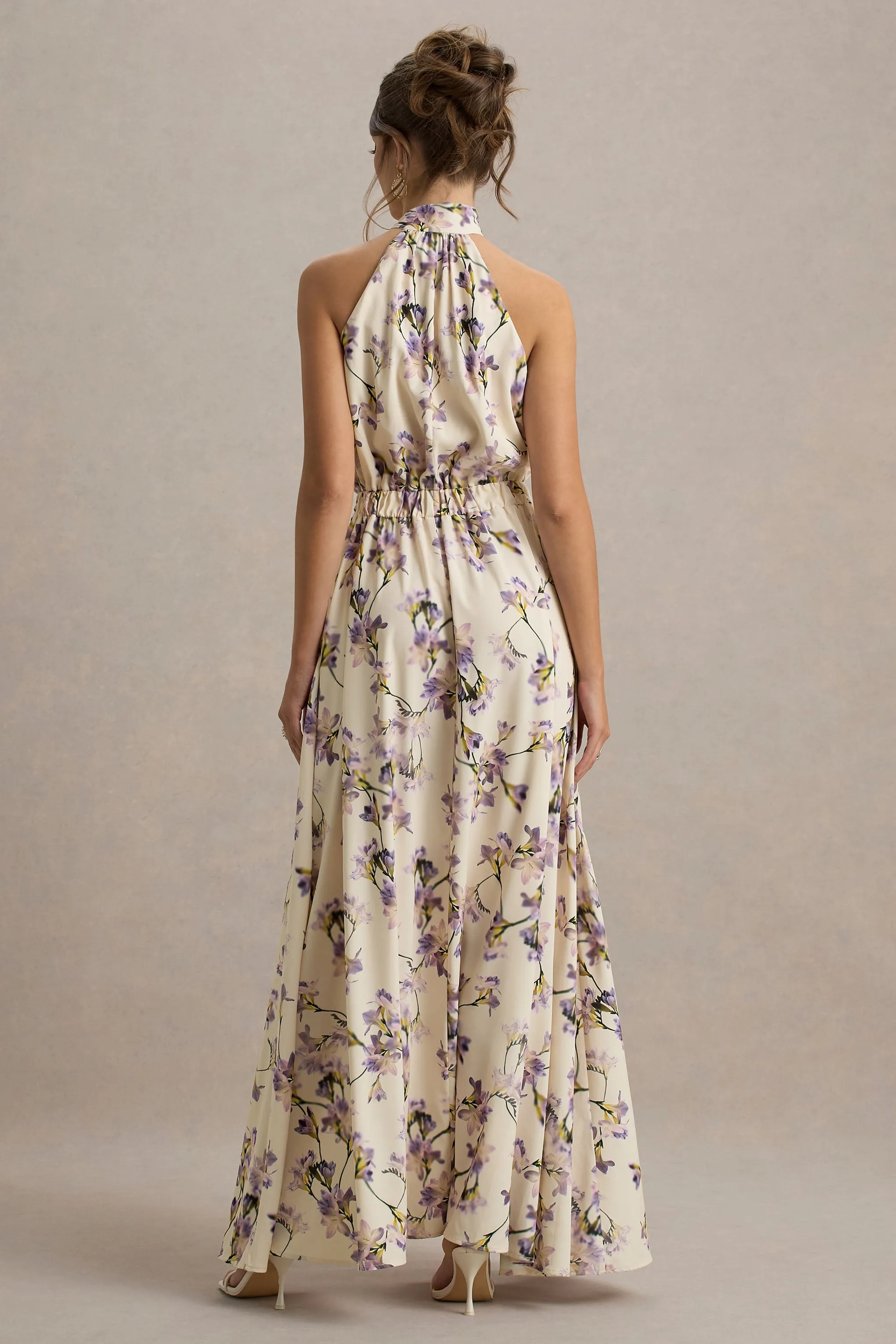 Talia | Lemon Floral Print High-Neck Split Maxi Dress With Bow sold by Club L London product image thumbnail 2