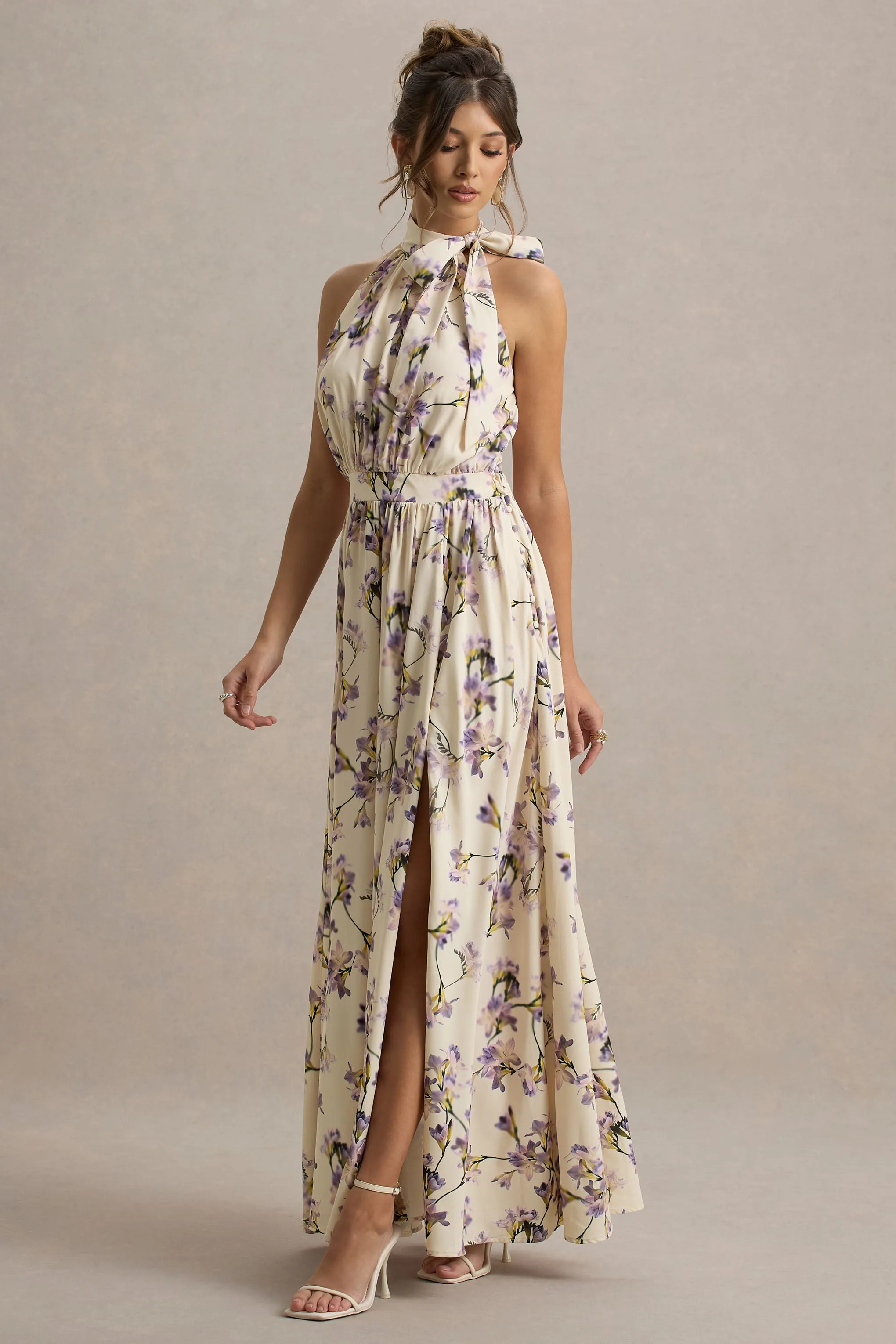 Talia | Lemon Floral Print High-Neck Split Maxi Dress With Bow sold by Club L London product image thumbnail 4