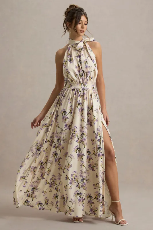 Talia | Lemon Floral Print High-Neck Split Maxi Dress With Bow sold by Club L London
