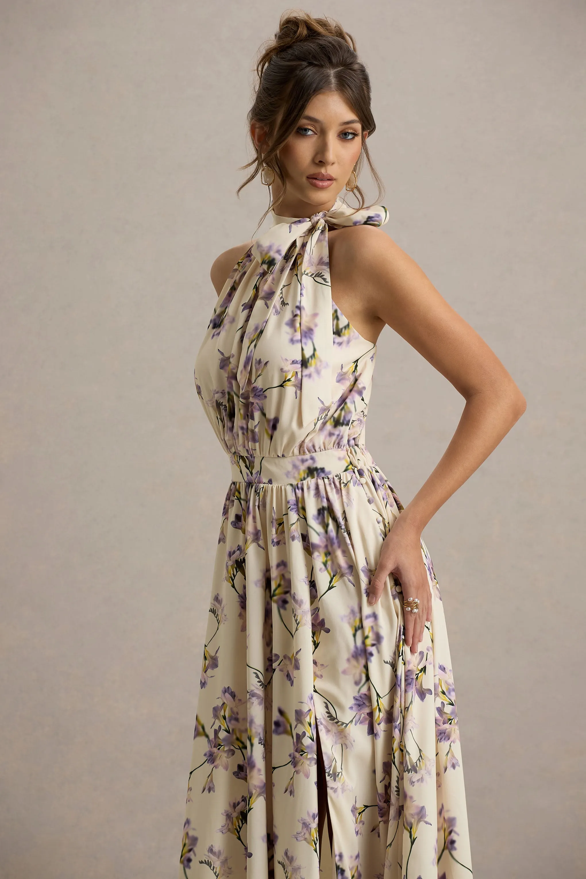 Talia | Lemon Floral Print High-Neck Split Maxi Dress With Bow sold by Club L London product image thumbnail 3