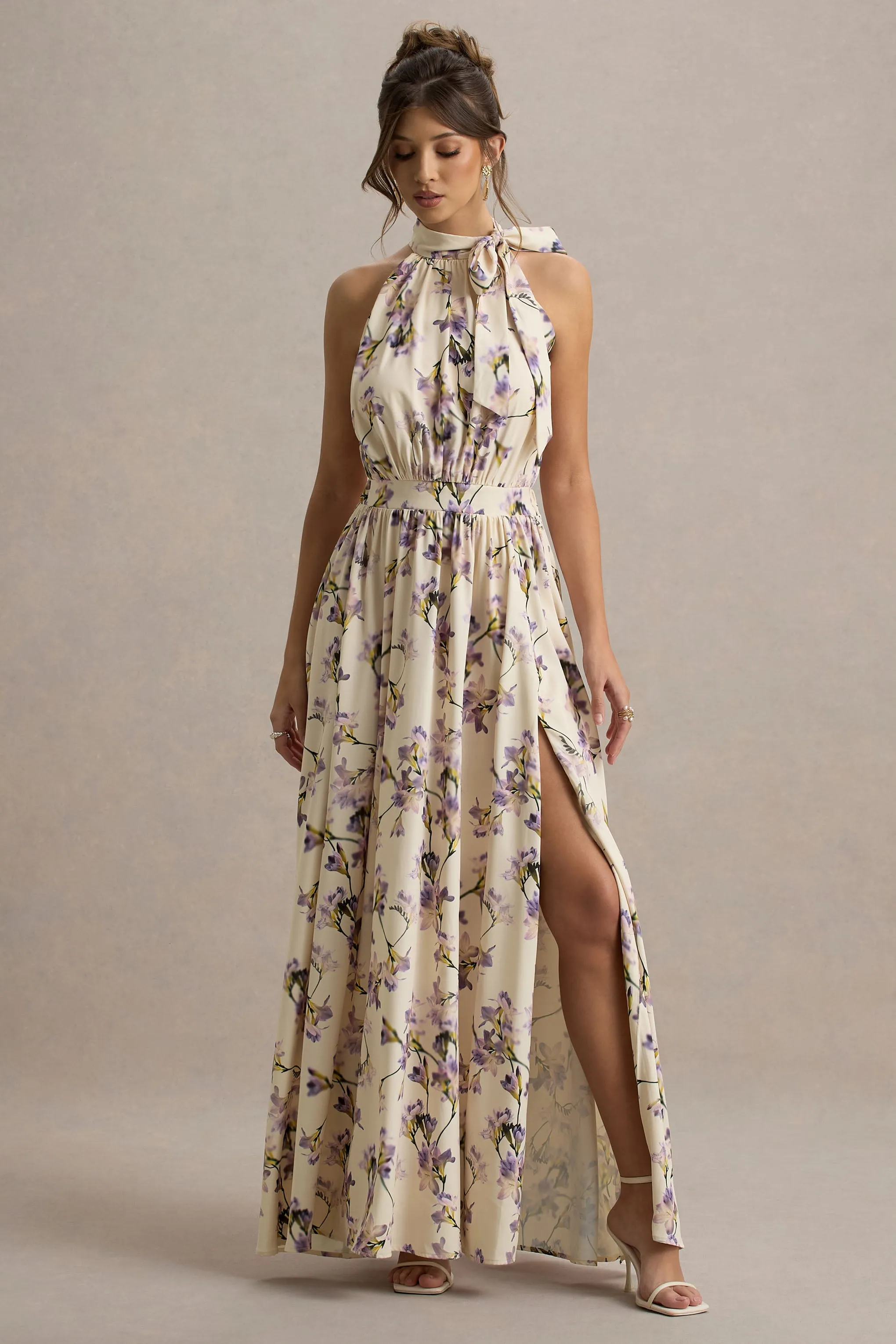 Talia | Lemon Floral Print High-Neck Split Maxi Dress With Bow sold by Club L London product image thumbnail 5