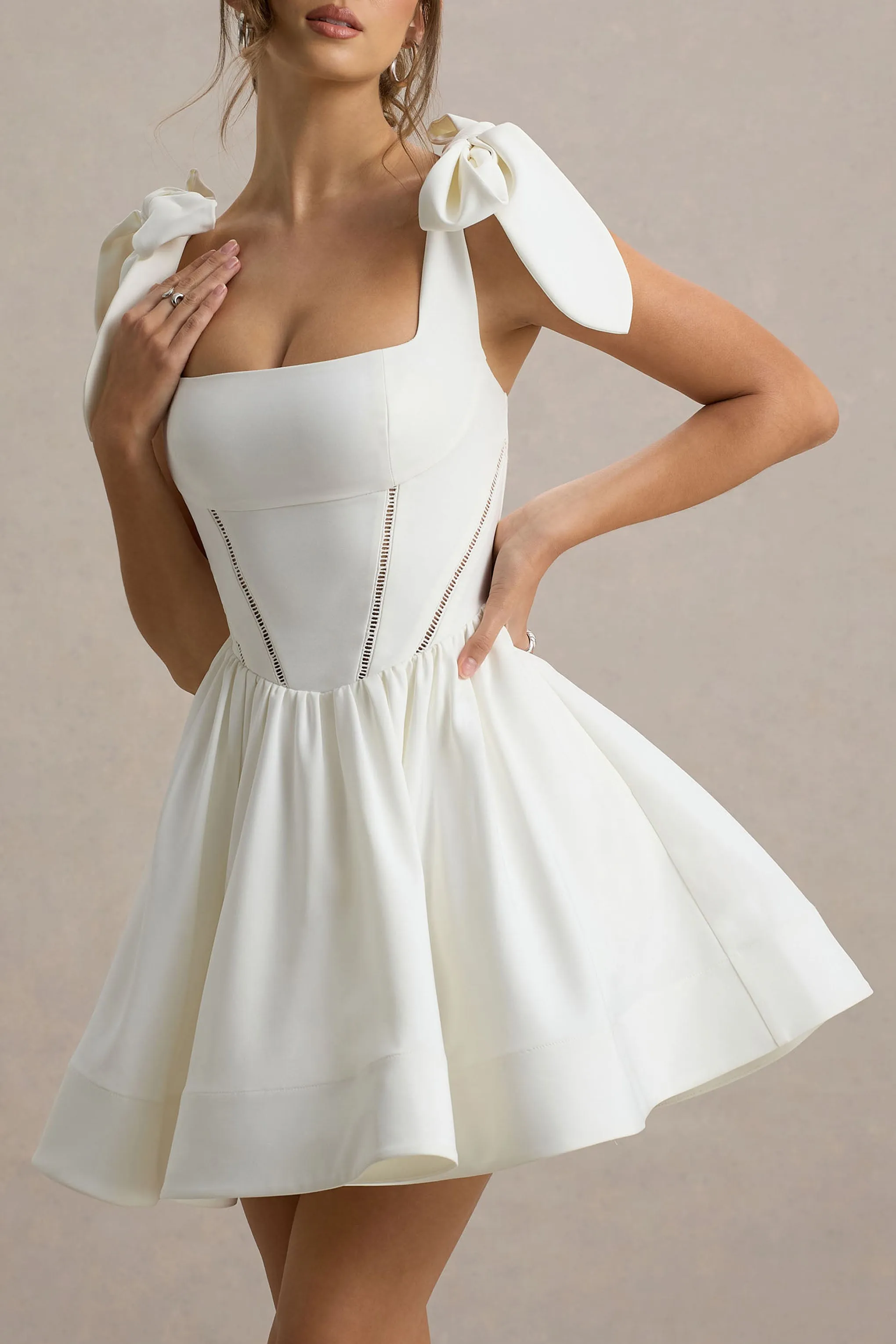 Mochi | White Skater Mini Dress With Bow Straps sold by Club L London product image thumbnail 3
