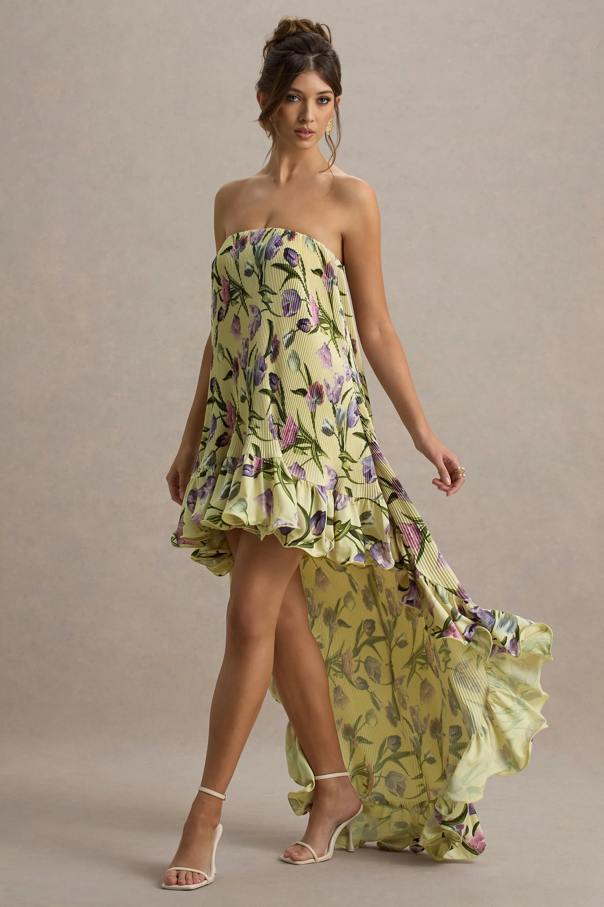 Whistler | Tulip Floral Print Chiffon Bandeau High-Low Ruffled Maxi Dress sold by Club L London