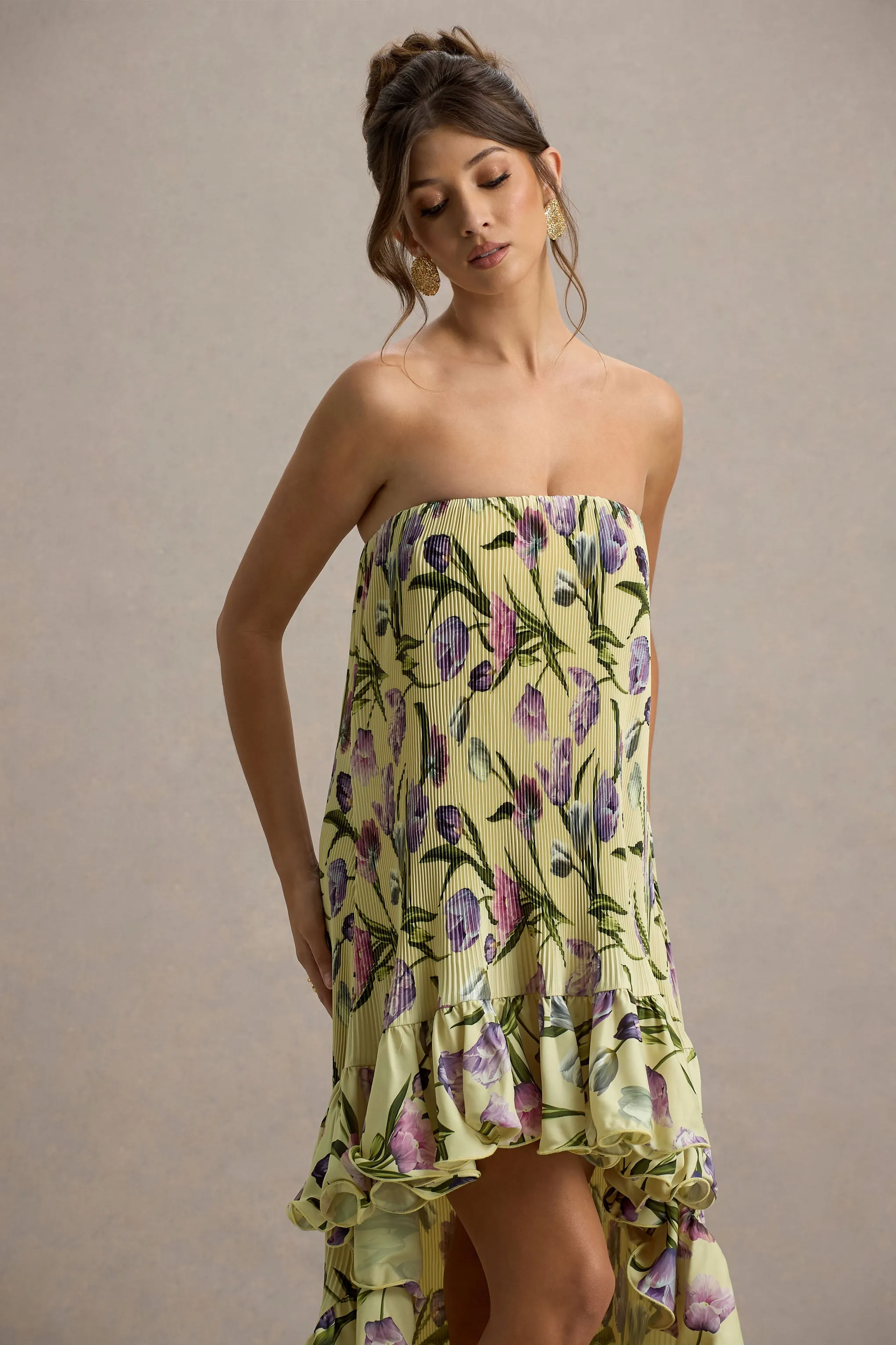 Whistler | Tulip Floral Print Chiffon Bandeau High-Low Ruffled Maxi Dress sold by Club L London product image thumbnail 3