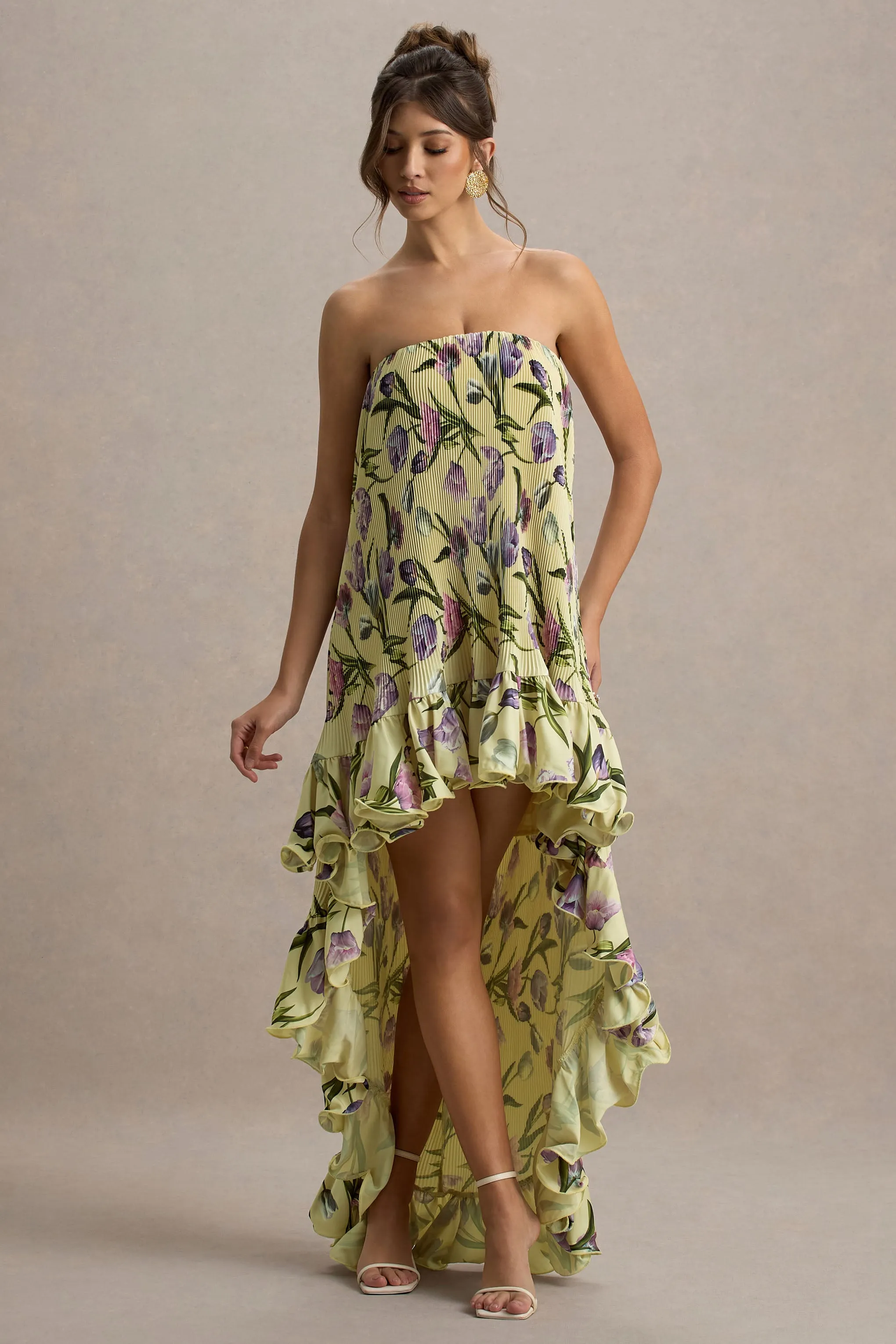Whistler | Tulip Floral Print Chiffon Bandeau High-Low Ruffled Maxi Dress sold by Club L London product image thumbnail 4
