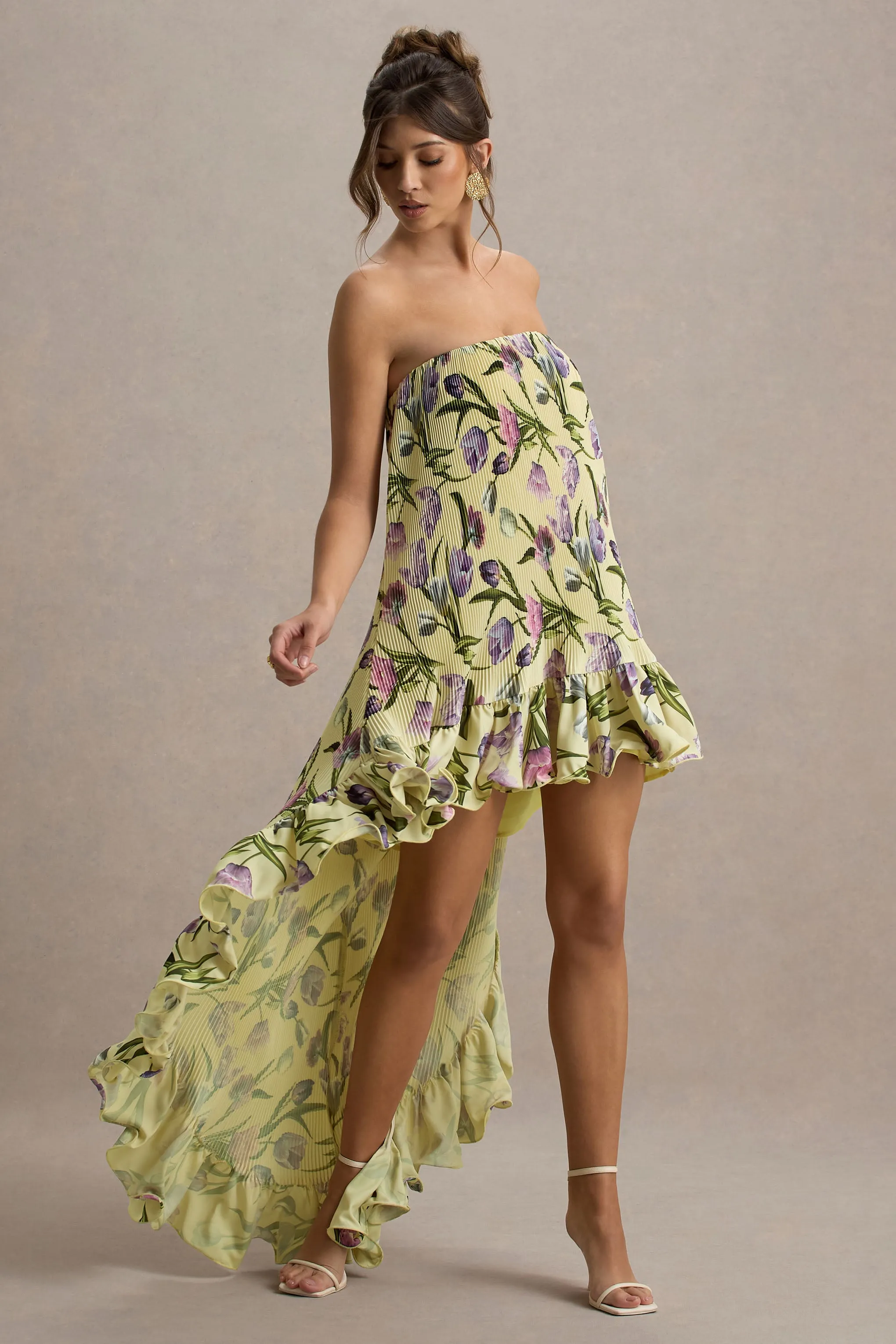 Whistler | Tulip Floral Print Chiffon Bandeau High-Low Ruffled Maxi Dress sold by Club L London product image thumbnail 5
