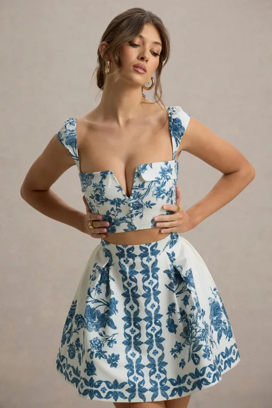 Locklea | Blue Porcelain Print Notched Crop Top sold by Club L London