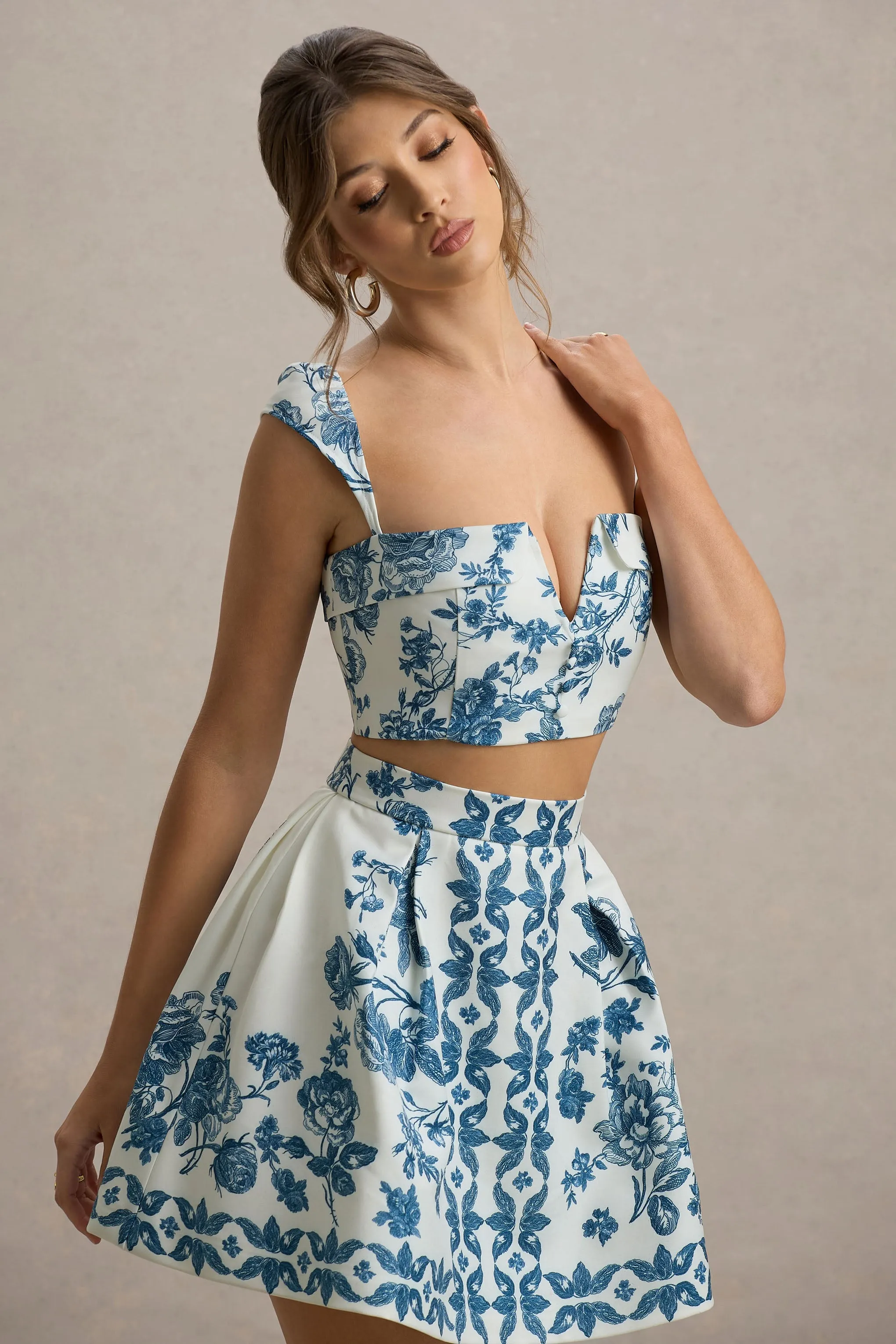 Modella | Blue Porcelain Print Skater Mini Skirt sold by Club L London product image thumbnail 3