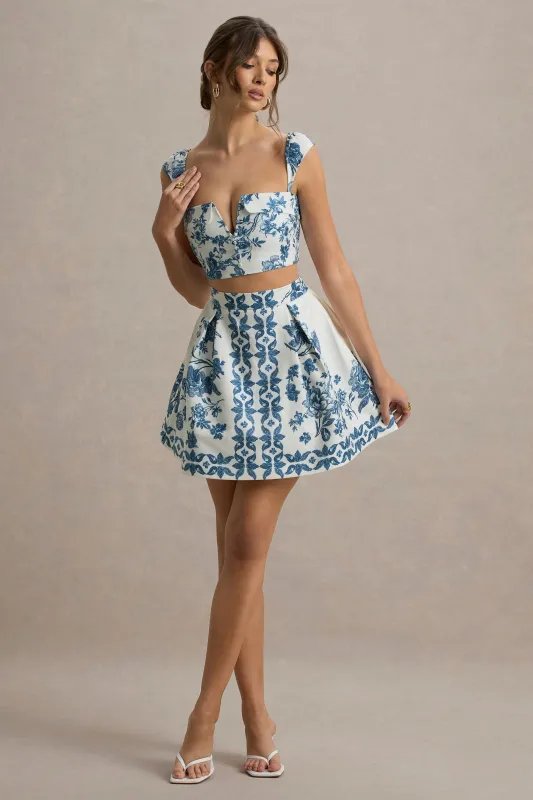 Modella | Blue Porcelain Print Skater Mini Skirt sold by Club L London