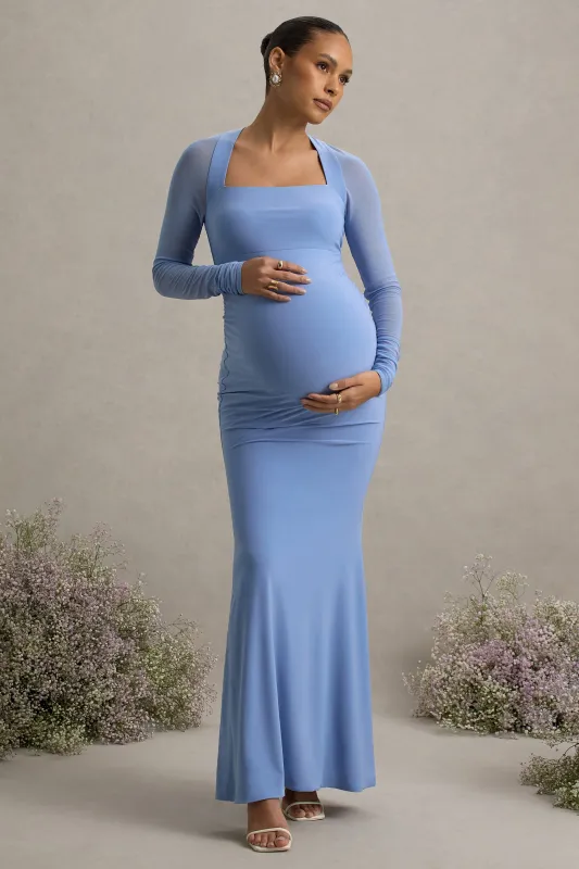 Abeam | Powder Blue Maternity Maxi Dress With Sheer Sleeves sold by Club L London