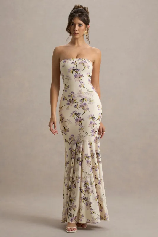 Callie | Lemon Floral Print Bandeau Fishtail Maxi Dress sold by Club L London