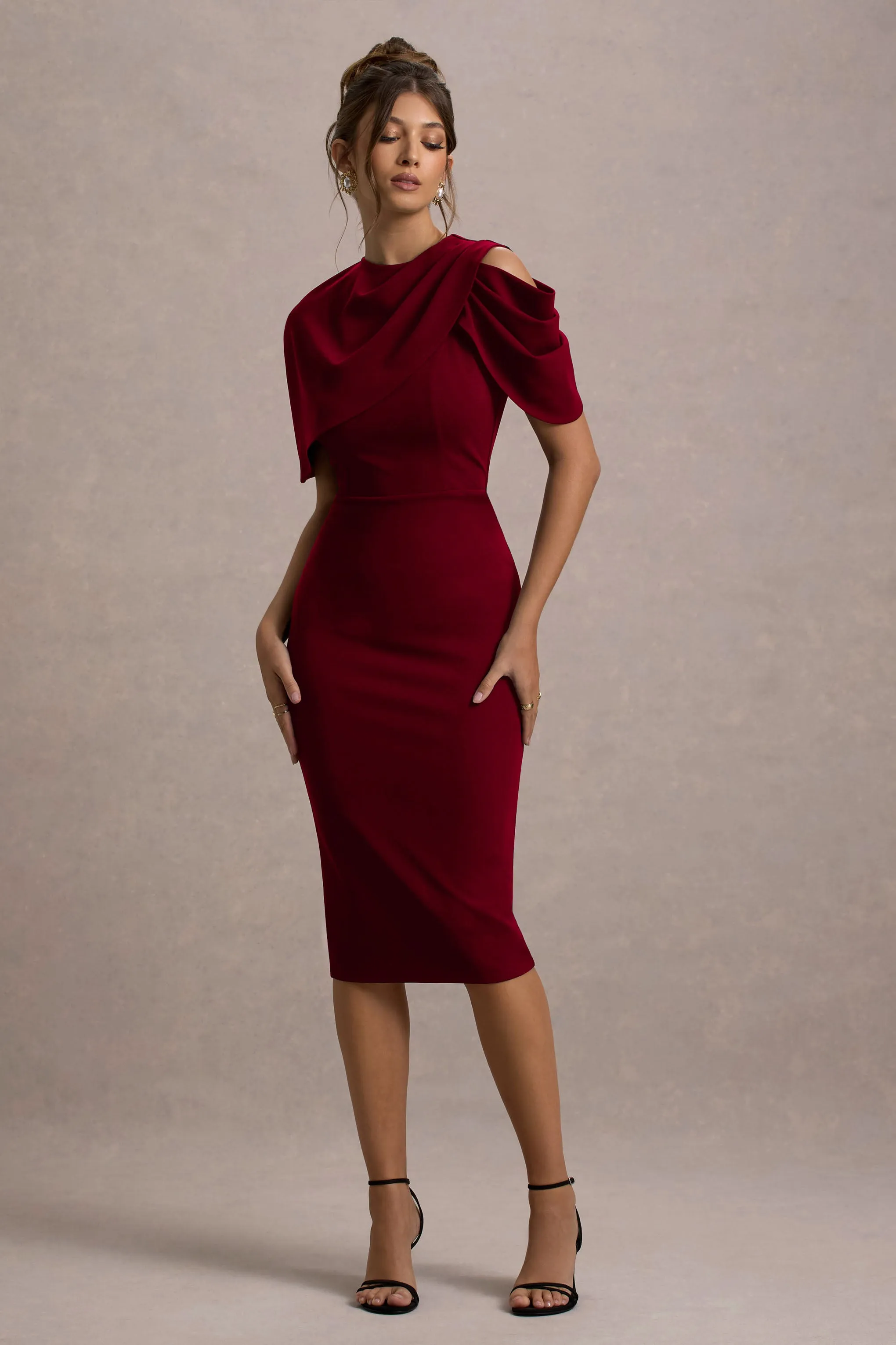 Dorothea | Berry Draped Midi Dress With Cape sold by Club L London