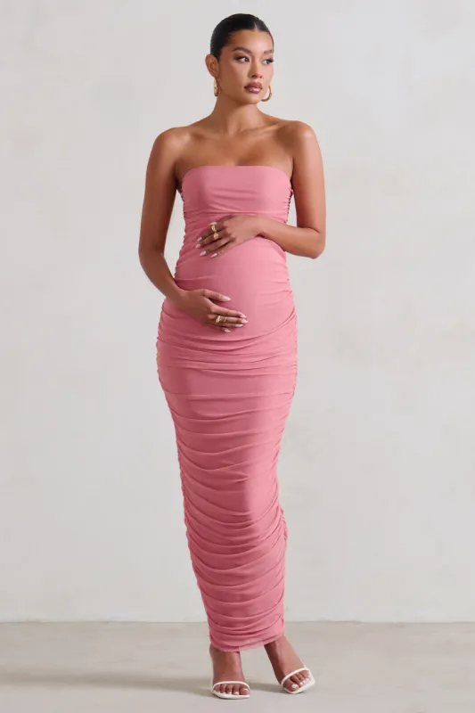 My Lady | Maternity Blush Pink Strapless Bodycon Ruched Mesh Maxi Dress sold by Club L London
