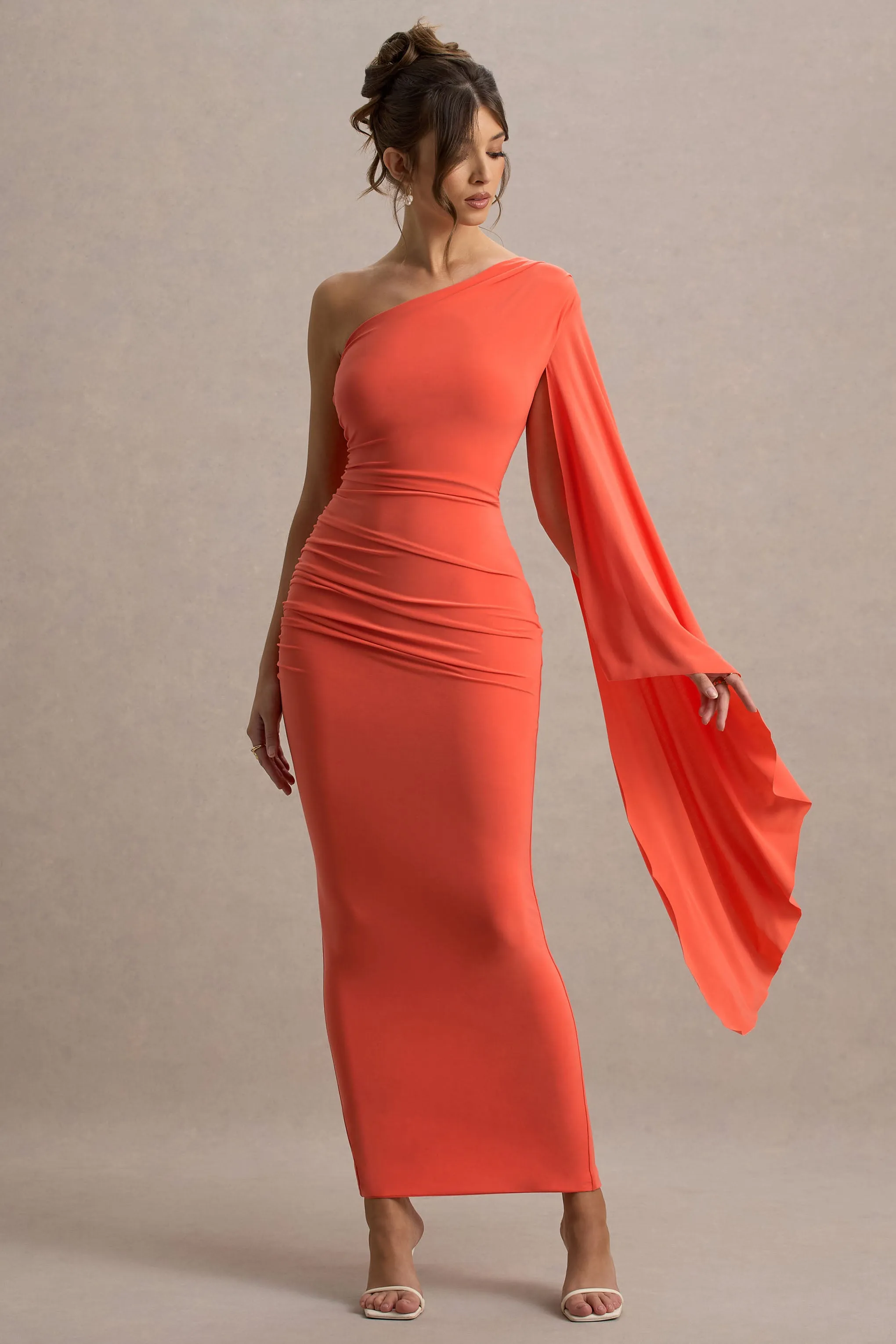 Clementina | Orange Asymmetric Cape Sleeve Maxi Dress sold by Club L London